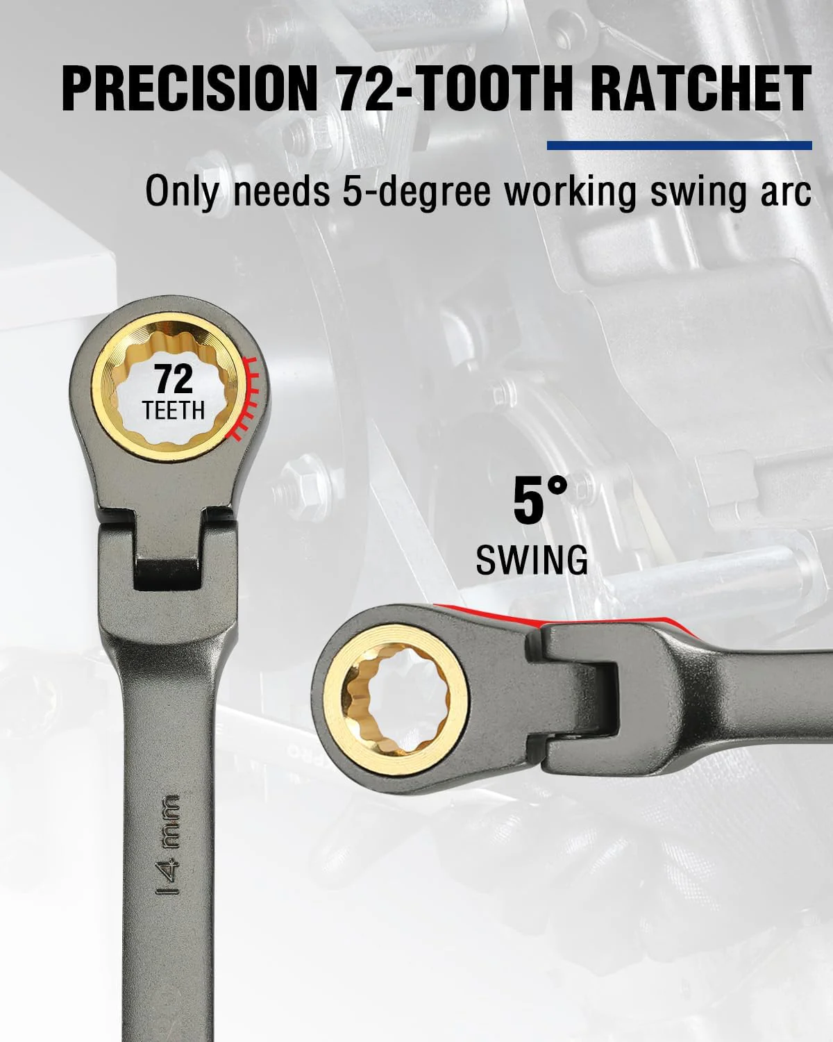 WORKPRO 14 mm Flex-Head Ratcheting Combination Wrench, Cr-V Constructed, Nickel Plating, 72-Teeth, 12 Point Design, Metric - Image 6