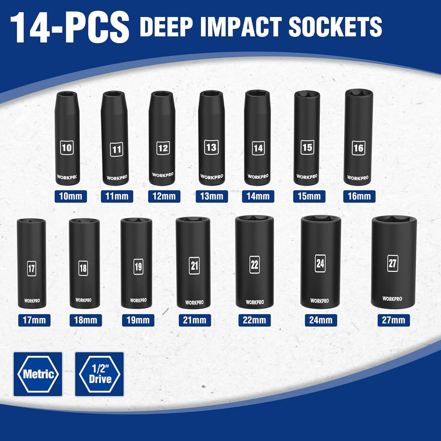 WORKPRO 14-Piece 1/2＂ Drive Deep Impact Socket Set, 6-Point Impact Deep Socket Set with Heavy Duty Storage Case for Automotive and Mechanical Repairs, 10mm-27mm, Cr-V Steel, Metric - Image 2