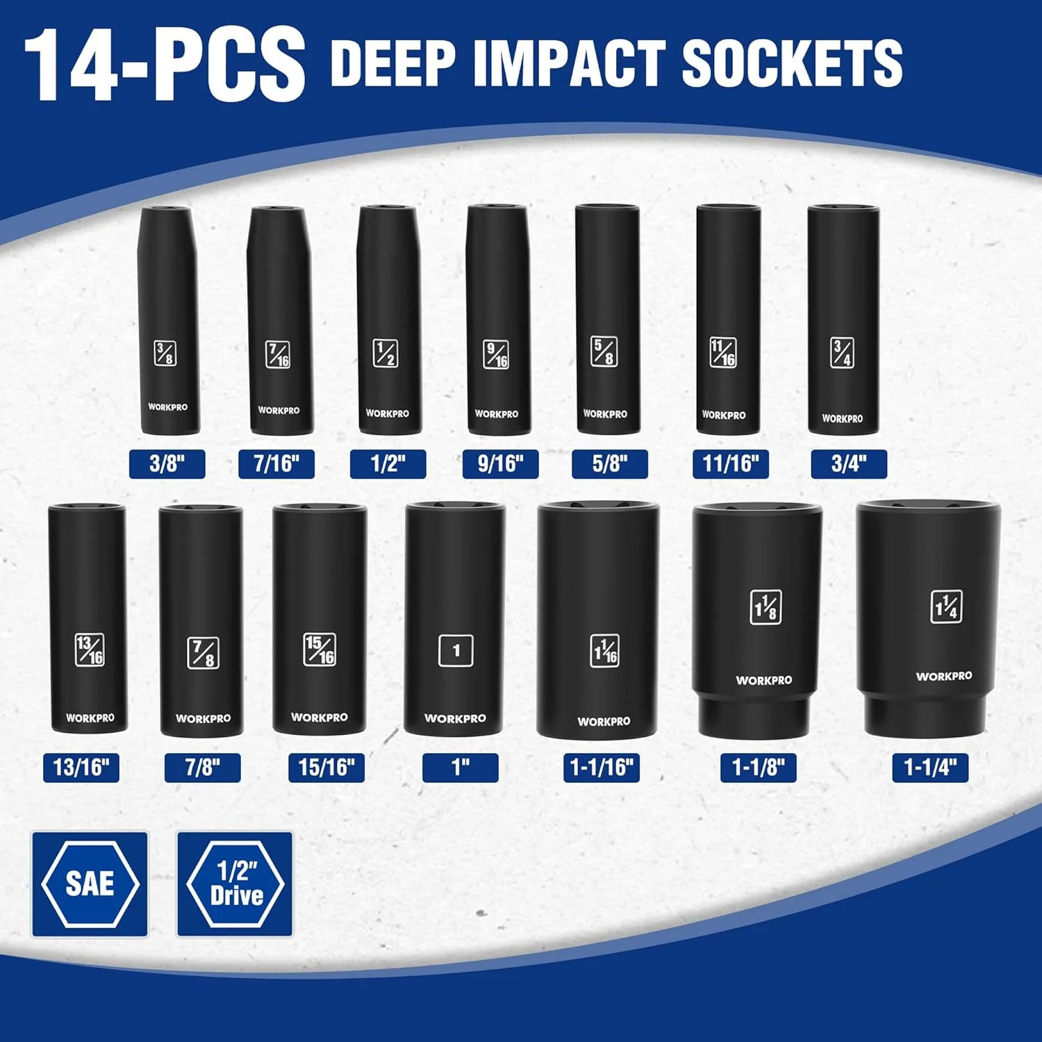 WORKPRO 14-Piece 1/2" Drive Deep Impact Socket Set, 6-Point Impact Deep Socket Set with Heavy Duty Storage Case for Automotive and Mechanical Repairs, 3/8"-1-1/4", Cr-V Steel, SAE - Image 2
