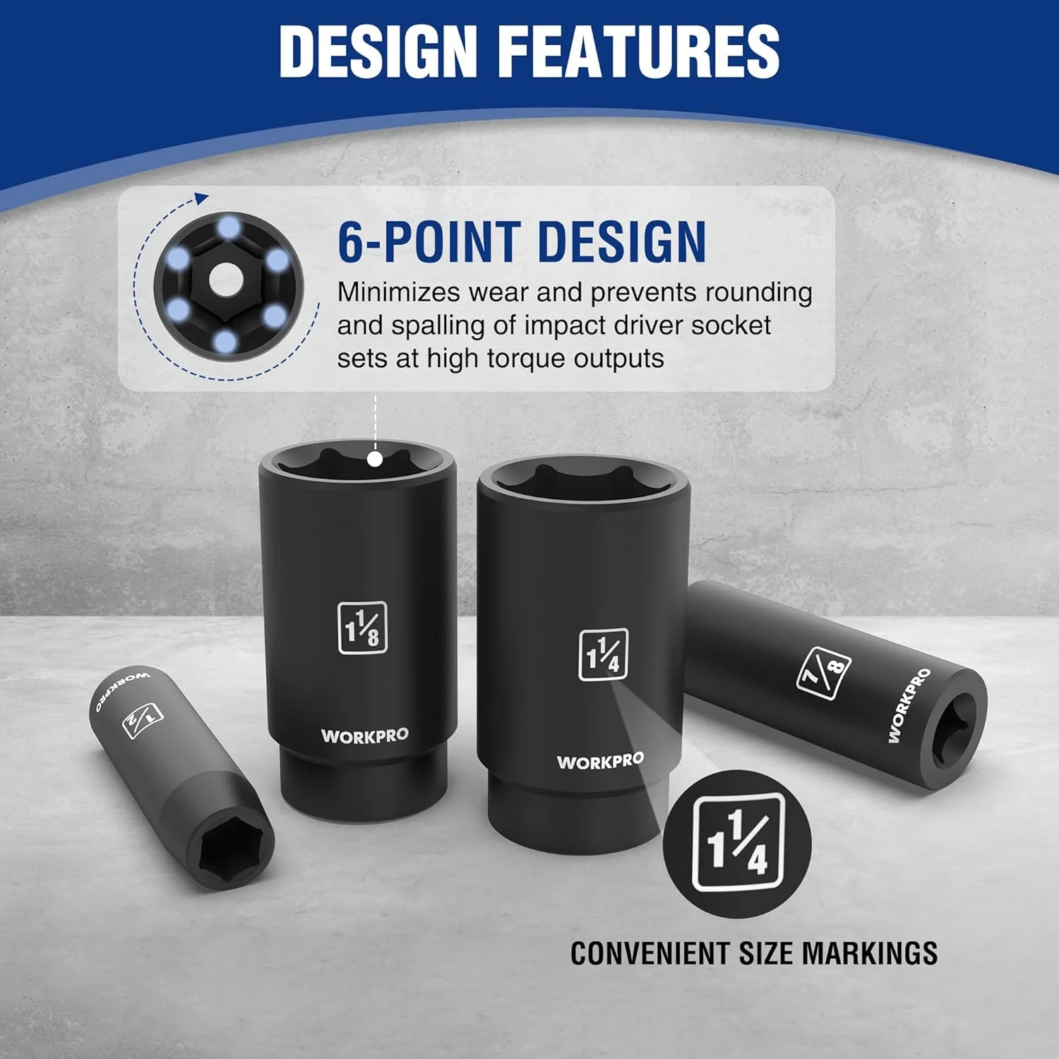 WORKPRO 14-Piece 1/2" Drive Deep Impact Socket Set, 6-Point Impact Deep Socket Set with Heavy Duty Storage Case for Automotive and Mechanical Repairs, 3/8"-1-1/4", Cr-V Steel, SAE - Image 3