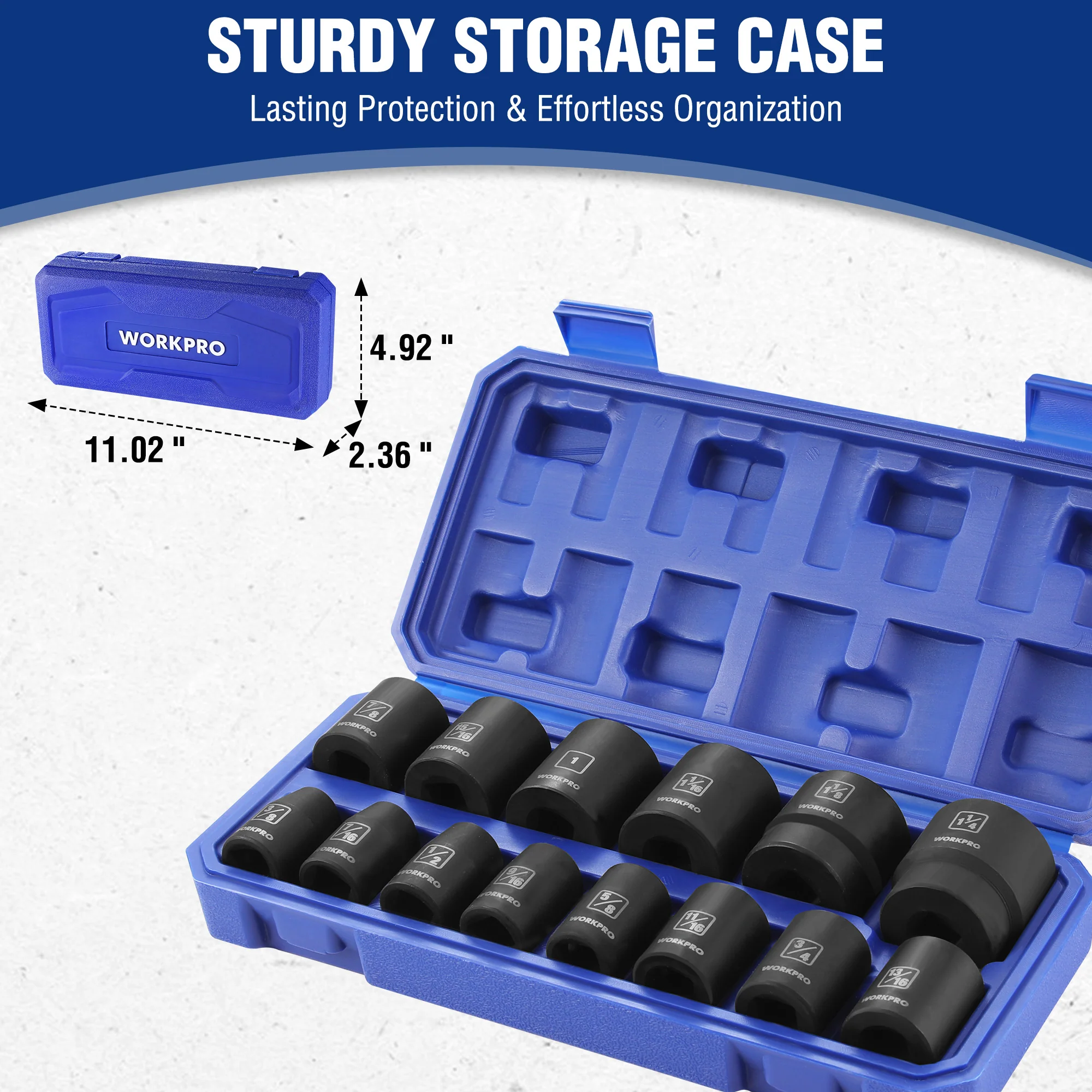 WORKPRO 14PCS 1/2” Drive Shallow Impact Socket Set, SAE Cr-V Steel 6-Point Socket Set with Storage Case for Automotive Repairs - Image 6
