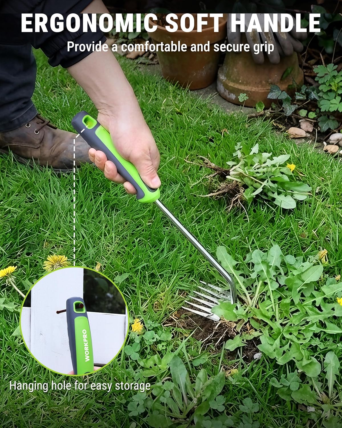 WORKPRO 15-Inch 6-Tine Weed Puller Tool for Deep Root Removal | Stainless Steel Hand Weeder with Ergonomic Soft Grip for Removing Dandelions and Deep-Rooted Weeds in Lawn, Garden and Yard - Image 5
