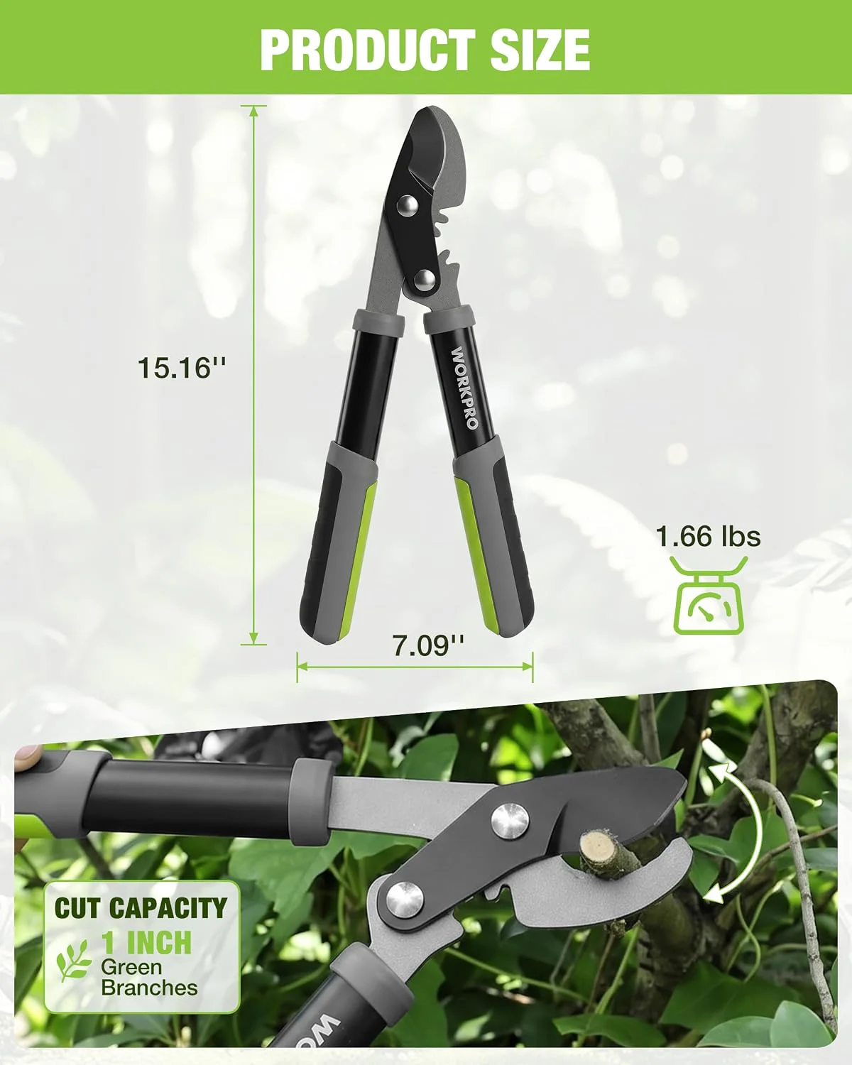 WORKPRO 15-Inch Bypass Loppers, Branch Cutter with Gear System | 1-Inch Cutting Capacity, SK5 Steel Blade Tree Pruner for Gardening and Yard Work - Image 2