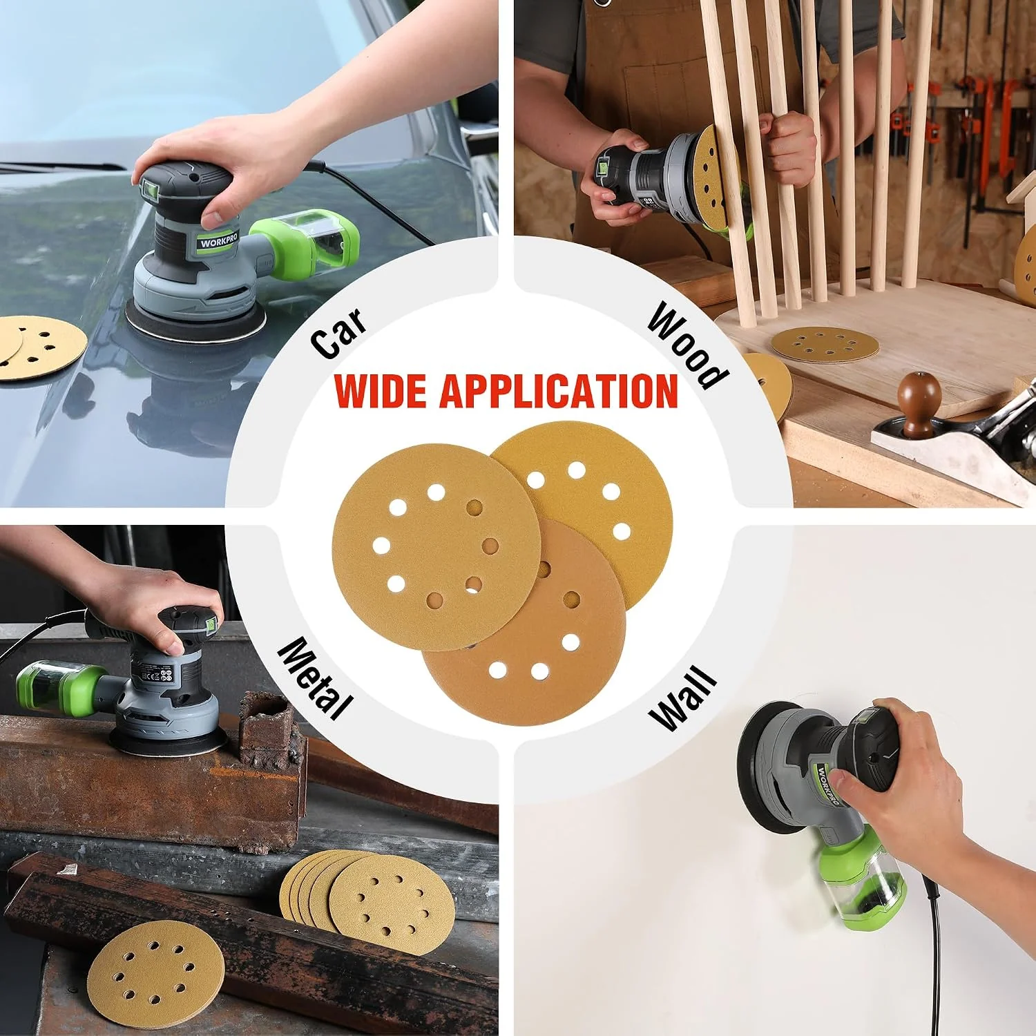 WORKPRO 150-piece Premium Sanding Discs Set, 5" 8 Holes Hook and Loop Sandpaper, 60 80 100 120 150 180 240 320 400 600 Assorted Grits for Random Orbital Sander, Fits Woodworking & Metalworking, Gold - Image 8