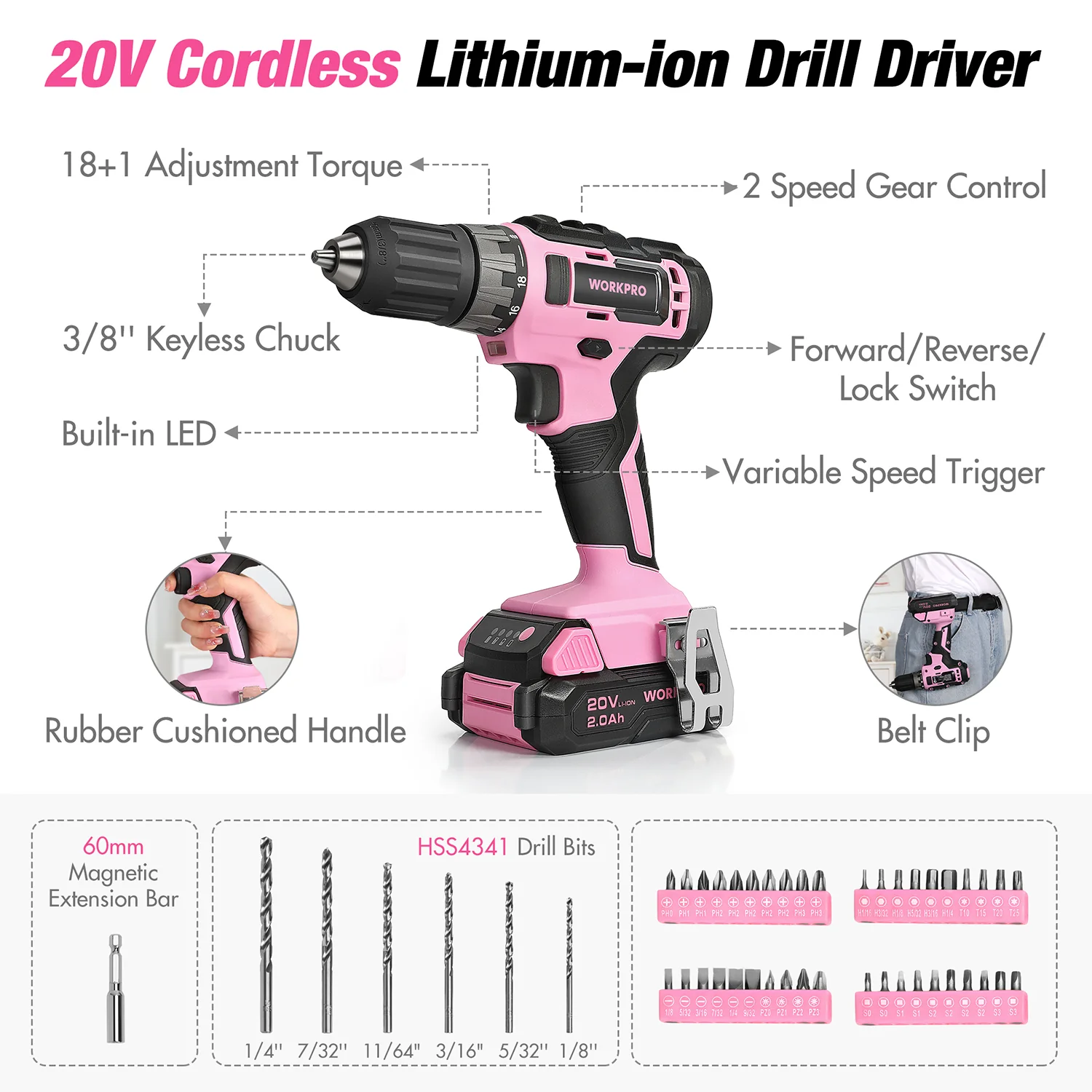 WORKPRO 157 Pcs Household Tool Kit with 20V Cordless Lithium-ion Drill Driver - Pink Ribbon - Image 3
