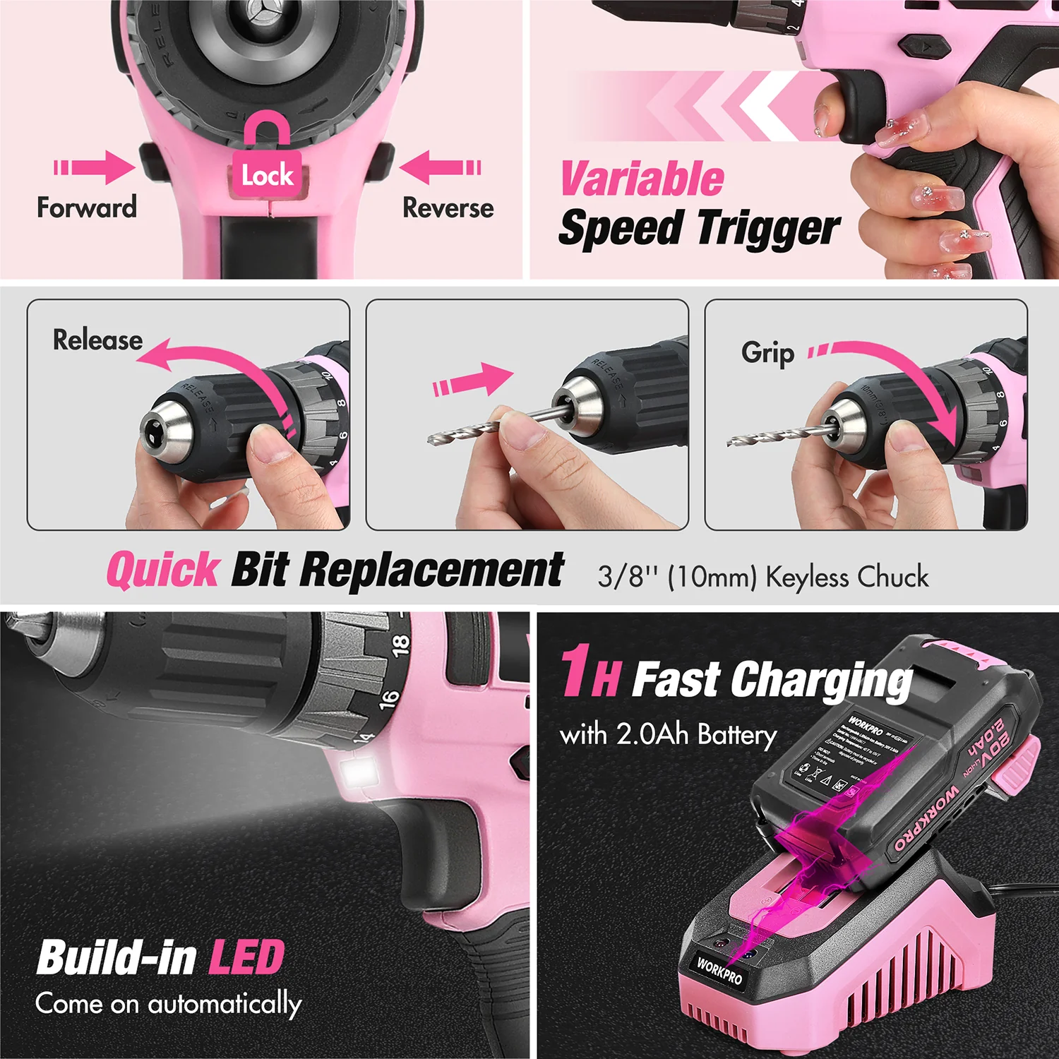 WORKPRO 157 Pcs Household Tool Kit with 20V Cordless Lithium-ion Drill Driver - Pink Ribbon - Image 4