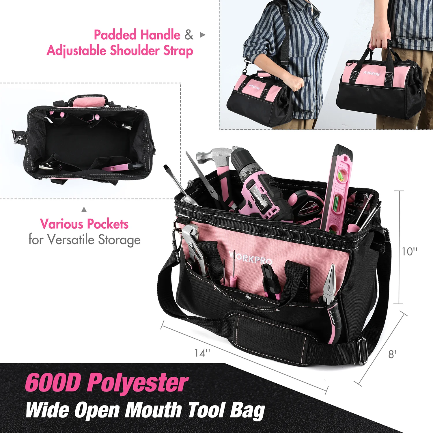 WORKPRO 157 Pcs Household Tool Kit with 20V Cordless Lithium-ion Drill Driver - Pink Ribbon - Image 7