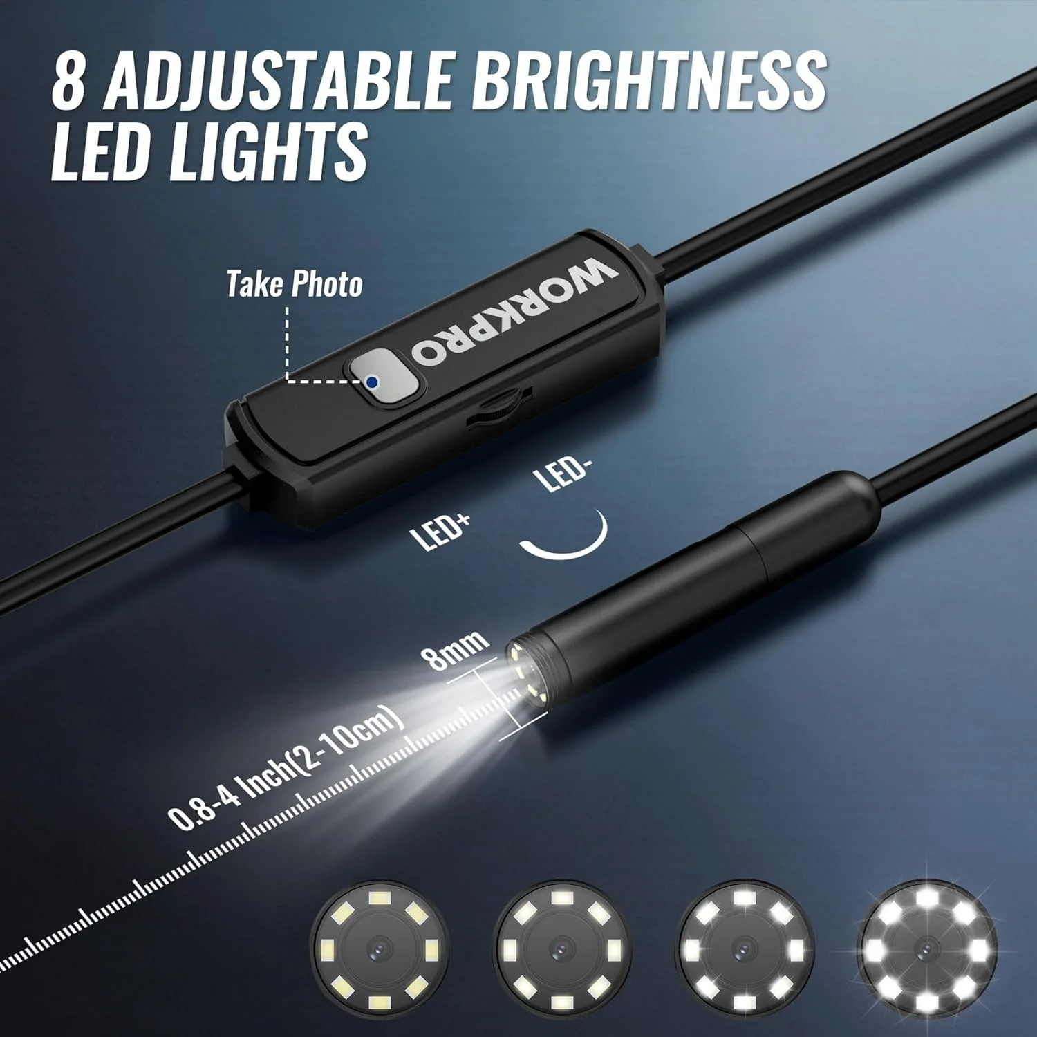 WORKPRO 16.4FT Industrial Endoscope Camera, 1920P HD Semi Rigid Snake Borescope with 8 Adjustable LED Lights, Inspection Camera for iOS and Android - Image 4