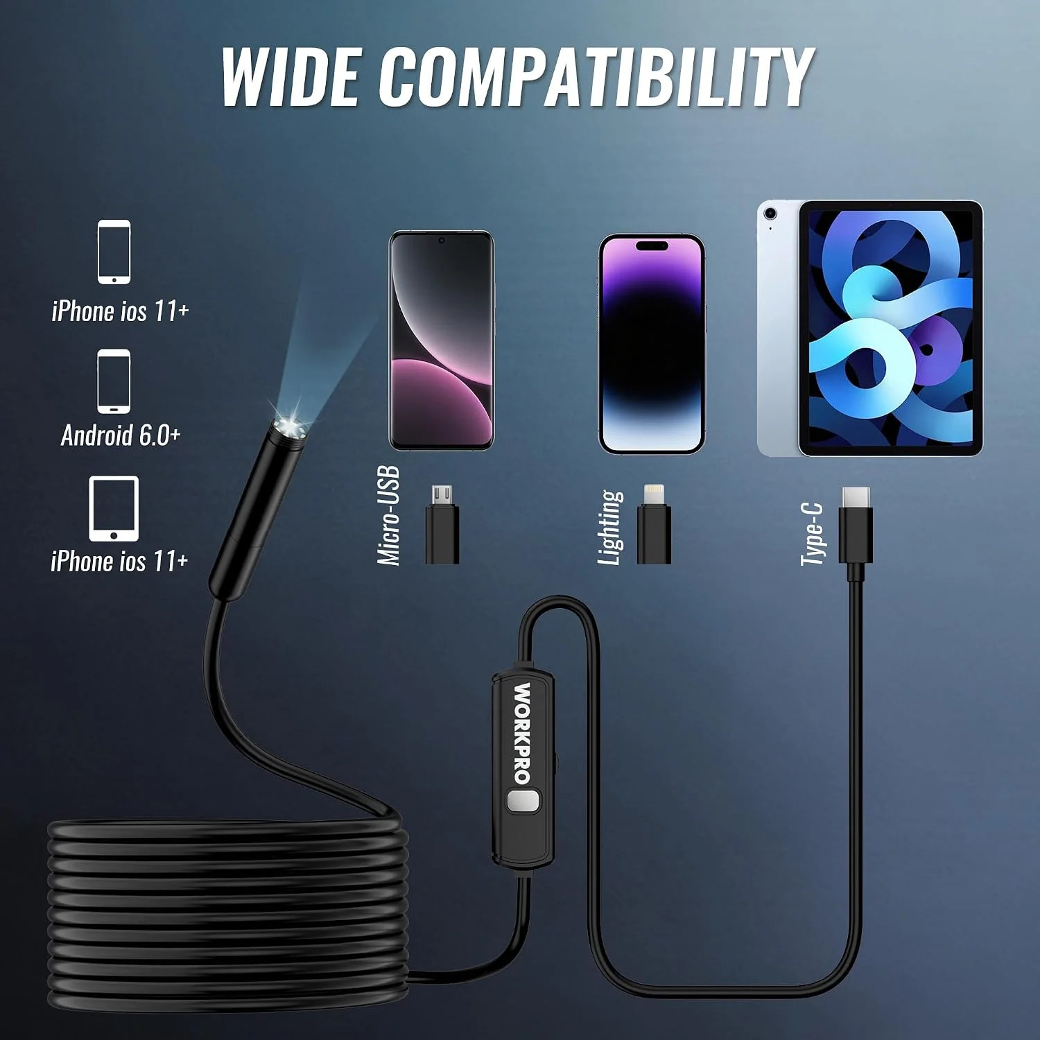 WORKPRO 16.4FT Industrial Endoscope Camera, 1920P HD Semi Rigid Snake Borescope with 8 Adjustable LED Lights, Inspection Camera for iOS and Android - Image 5