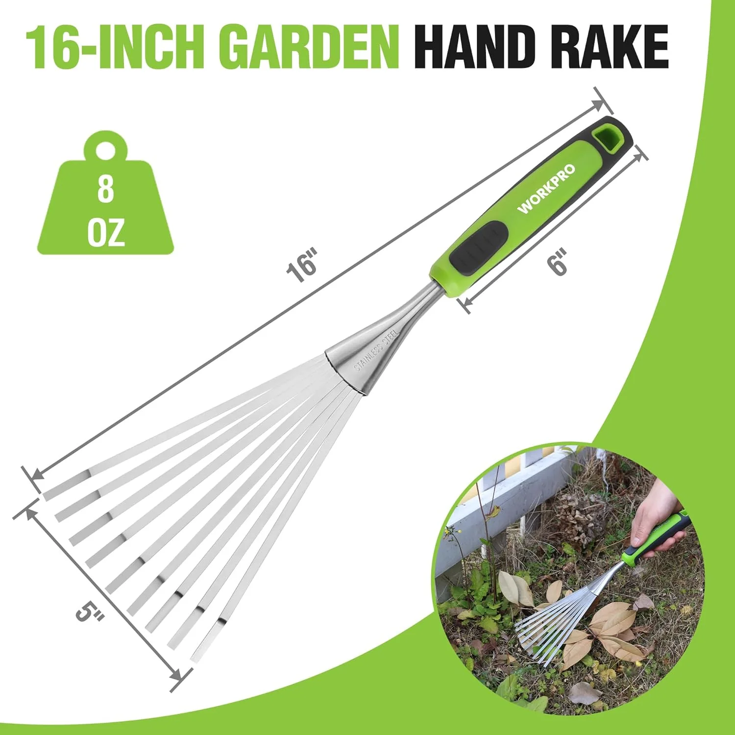 WORKPRO 16" Hand Rake, Heavy Duty Stainless Steel Garden Rake with Soft Handle, Small Garden Hand Tool for Gardening, Cultivating, Loosening Soil & Spreading Mulch, Flower Beds - Image 2