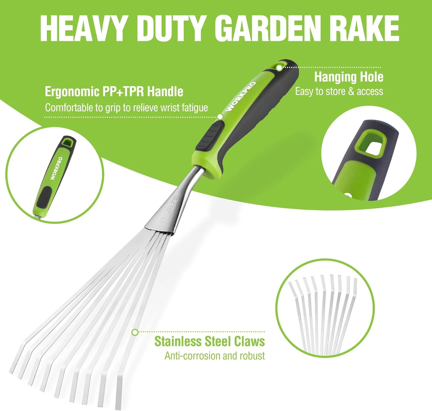 WORKPRO 16" Hand Rake, Heavy Duty Stainless Steel Garden Rake with Soft Handle, Small Garden Hand Tool for Gardening, Cultivating, Loosening Soil & Spreading Mulch, Flower Beds - Image 3