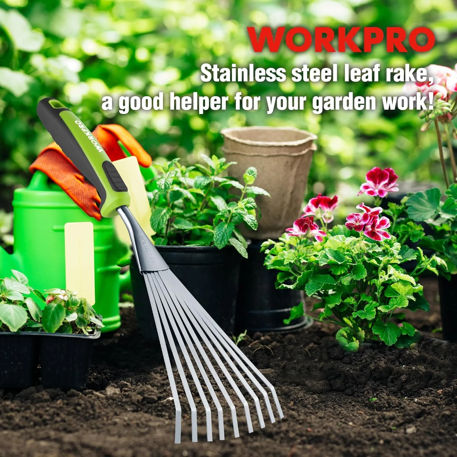 WORKPRO 16" Hand Rake, Heavy Duty Stainless Steel Garden Rake with Soft Handle, Small Garden Hand Tool for Gardening, Cultivating, Loosening Soil & Spreading Mulch, Flower Beds - Image 8