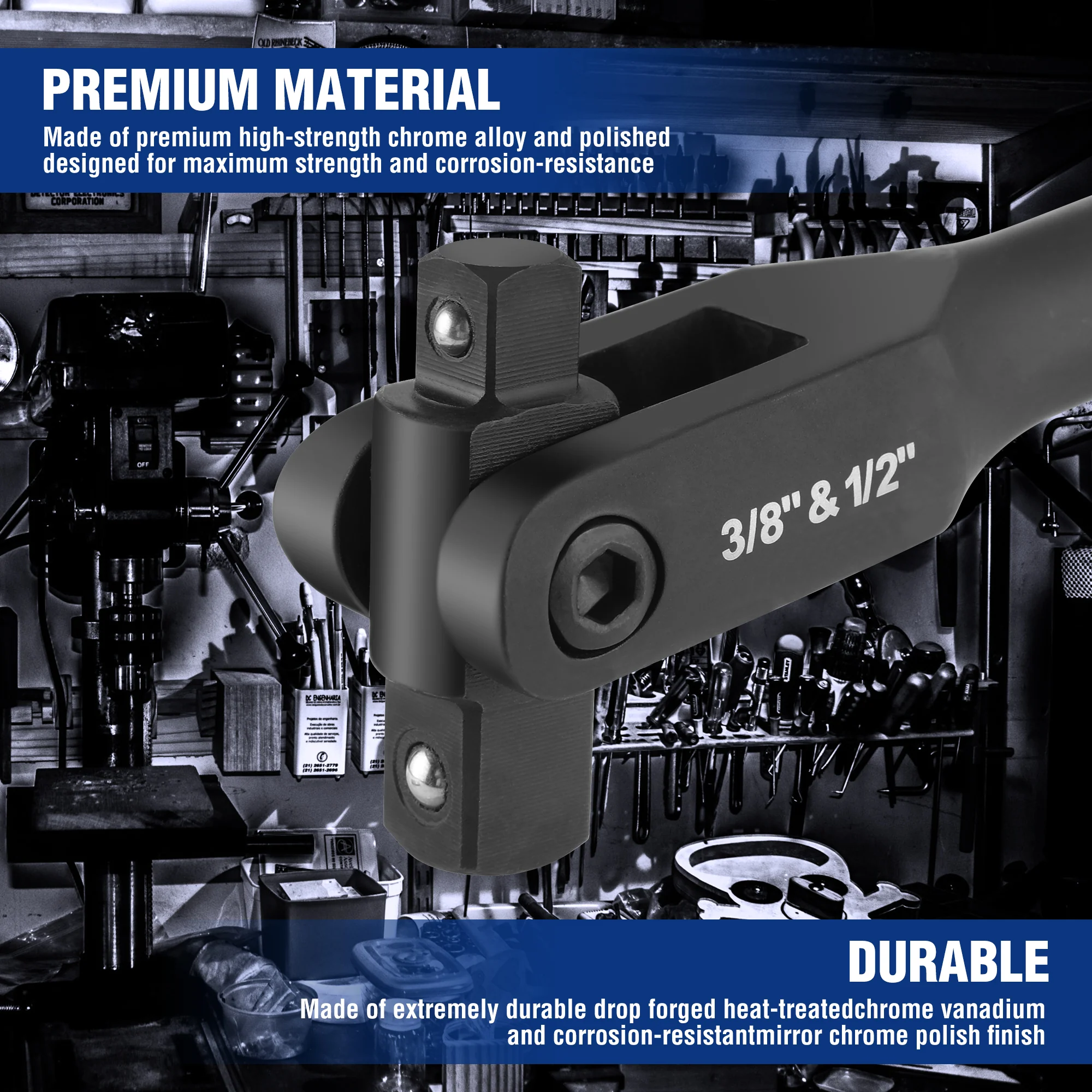 WORKPRO 16-inch Dual Drive Breaker Bar with 360° Rotatable Head, 3/8" & 1/2" Drive - Image 2