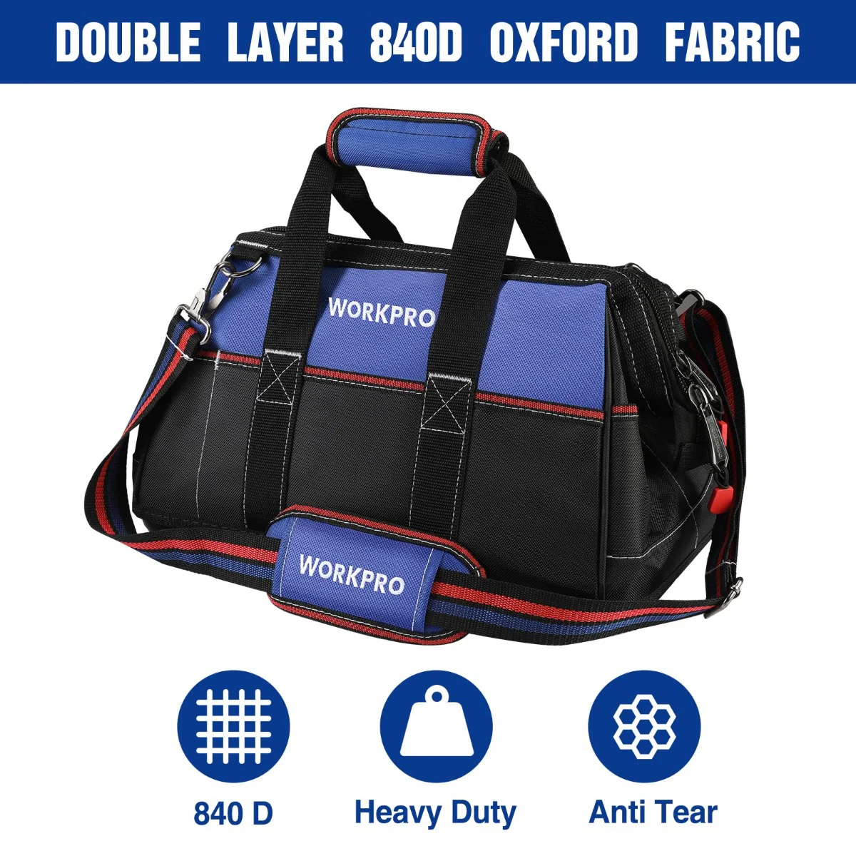 WORKPRO 16-inch Wide Mouth Tool Bag, Heavy Duty Cloth Tool Storage Bag with Water Proof Molded Base, Adjustable Shoulder Strap - Image 3