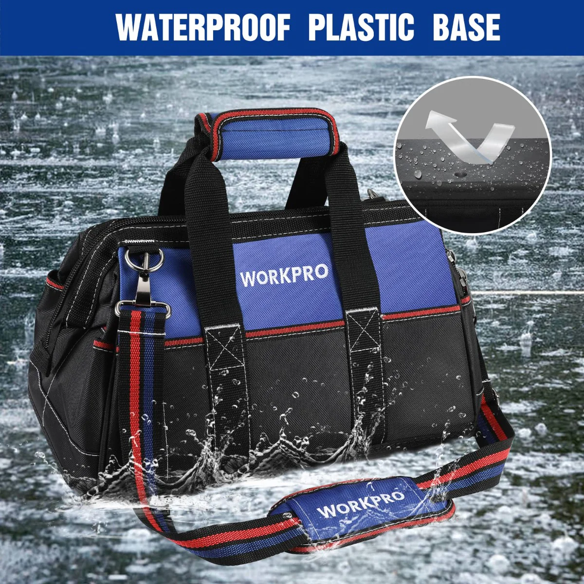 WORKPRO 16-inch Wide Mouth Tool Bag, Heavy Duty Cloth Tool Storage Bag with Water Proof Molded Base, Adjustable Shoulder Strap - Image 4