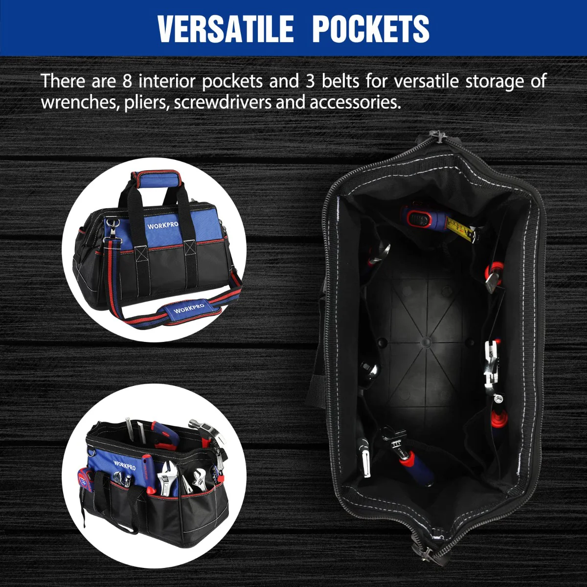WORKPRO 16-inch Wide Mouth Tool Bag, Heavy Duty Cloth Tool Storage Bag with Water Proof Molded Base, Adjustable Shoulder Strap - Image 6