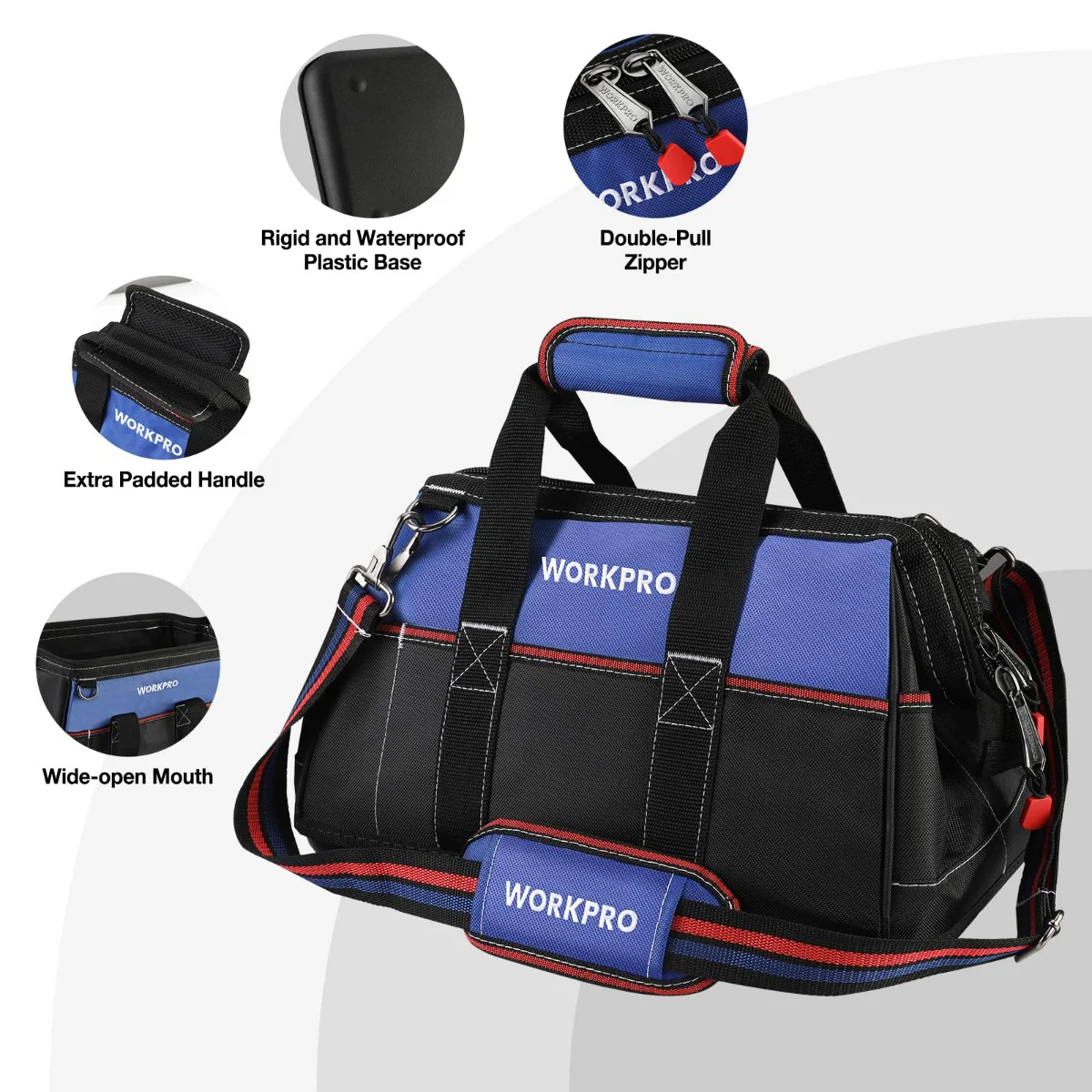 WORKPRO 16-inch Wide Mouth Tool Bag, Heavy Duty Cloth Tool Storage Bag with Water Proof Molded Base, Adjustable Shoulder Strap - Image 7
