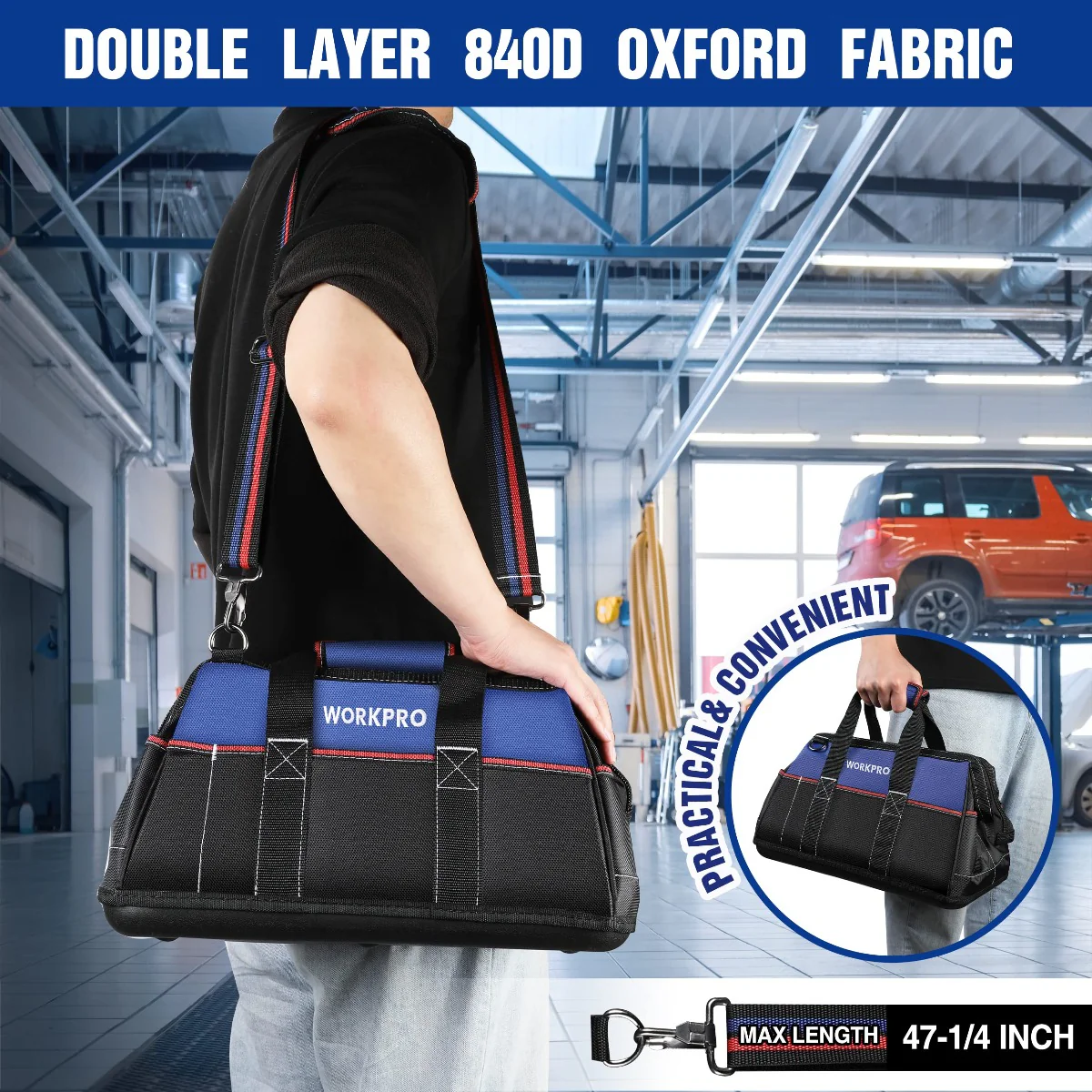 WORKPRO 16-inch Wide Mouth Tool Bag, Heavy Duty Cloth Tool Storage Bag with Water Proof Molded Base, Adjustable Shoulder Strap - Image 8