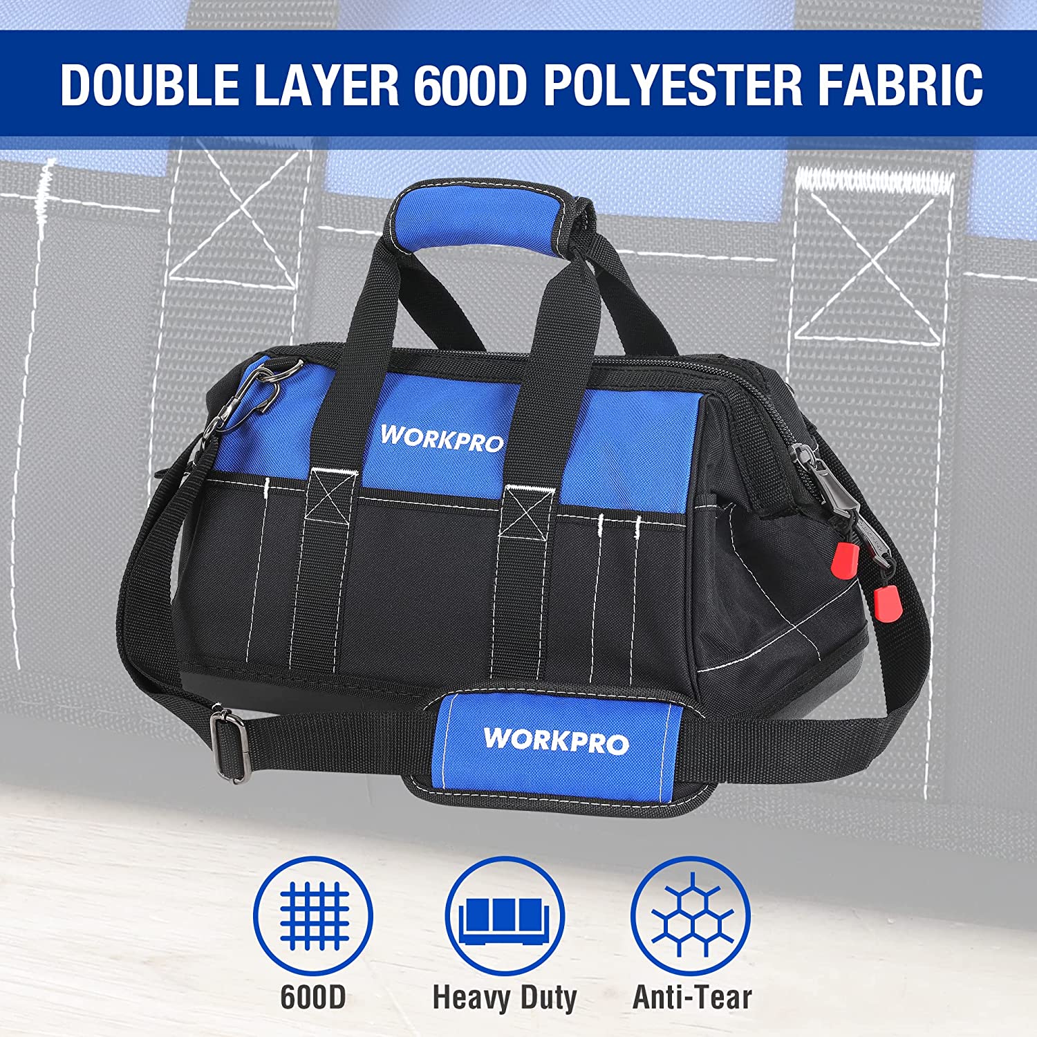 WORKPRO 16-inch Wide Mouth Tool Bag with Water Proof Molded Base - Image 3