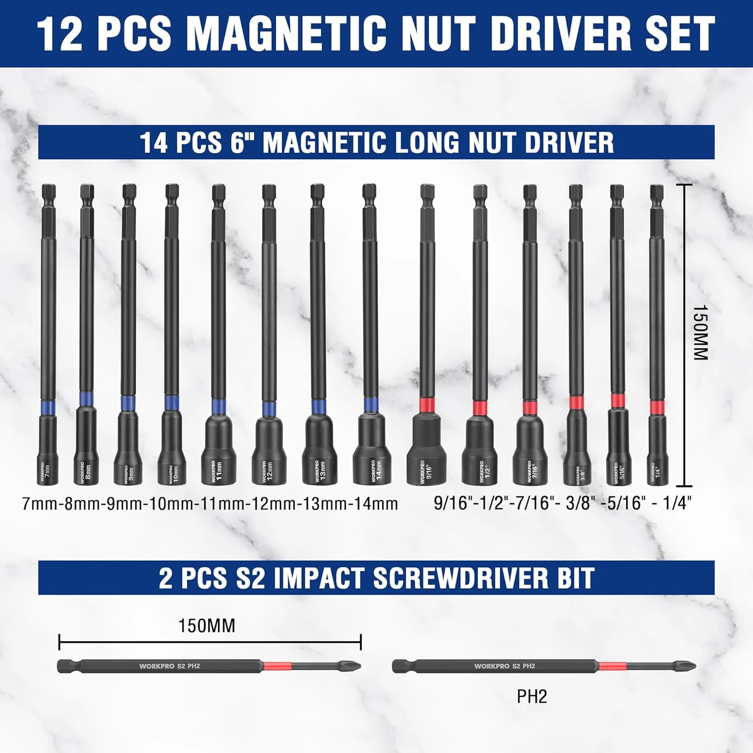 WORKPRO 16-Piece Magnetic Nut Driver Set and Bit, 6" Long Nut Drivers, Metric & SAE Nut Drivers for Impact Drill, Long Shank Nut Driver Bits, 1/4"Hex Shank, Long Power Bits, PH2, with Sturdy Tool Box - Image 3