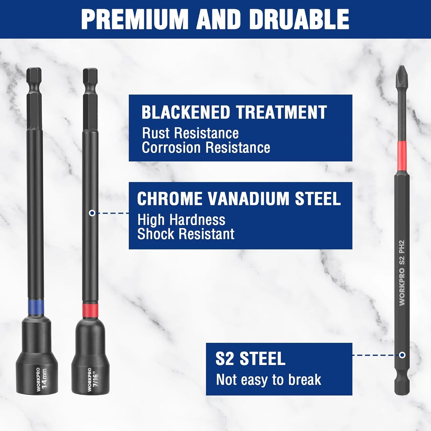 WORKPRO 16-Piece Magnetic Nut Driver Set and Bit, 6" Long Nut Drivers, Metric & SAE Nut Drivers for Impact Drill, Long Shank Nut Driver Bits, 1/4"Hex Shank, Long Power Bits, PH2, with Sturdy Tool Box - Image 4