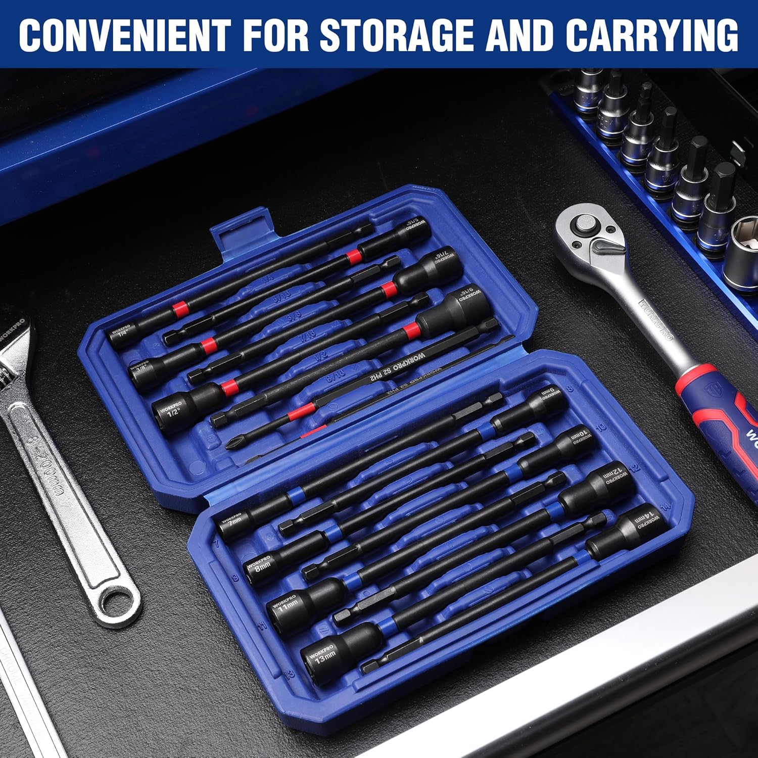 WORKPRO 16-Piece Magnetic Nut Driver Set and Bit, 6" Long Nut Drivers, Metric & SAE Nut Drivers for Impact Drill, Long Shank Nut Driver Bits, 1/4"Hex Shank, Long Power Bits, PH2, with Sturdy Tool Box - Image 6