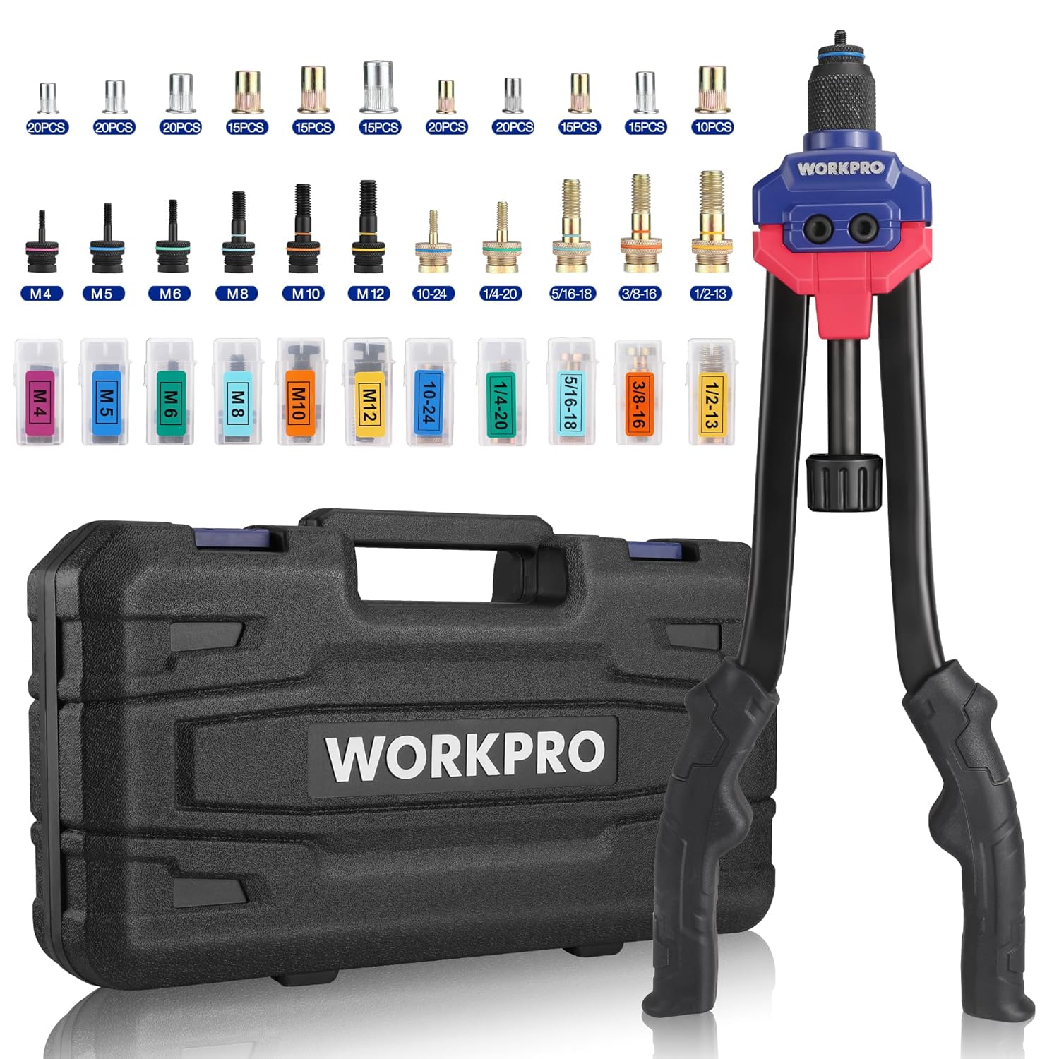 WORKPRO 16" Rivet Nut Tool Kit with Carrying Case | 11 Metric and SAE Mandrels, 185pcs Rivnuts Assortment Kit, Ideal for Sheet Metal & Automotive Work