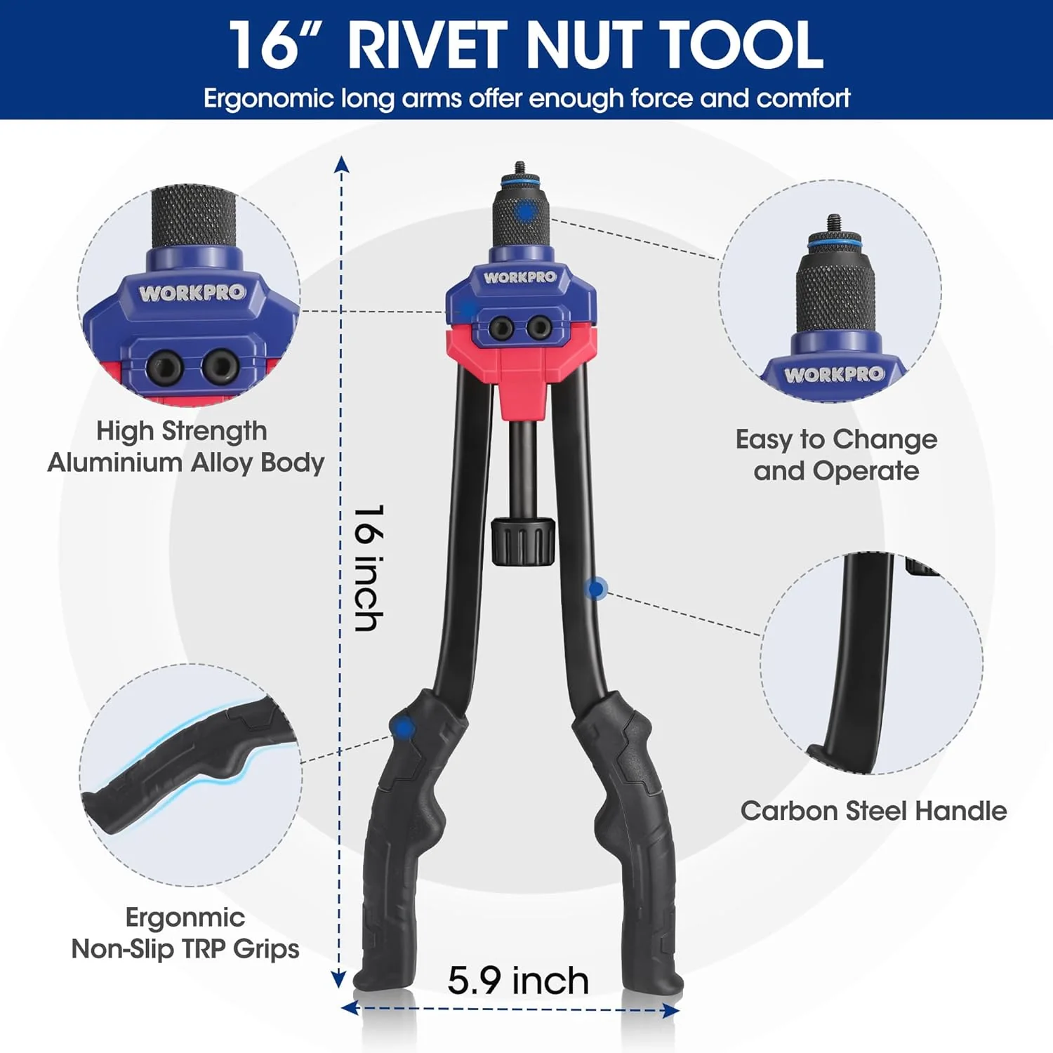 WORKPRO 16" Rivet Nut Tool Kit with Carrying Case | 11 Metric and SAE Mandrels, 185pcs Rivnuts Assortment Kit, Ideal for Sheet Metal & Automotive Work - Image 3