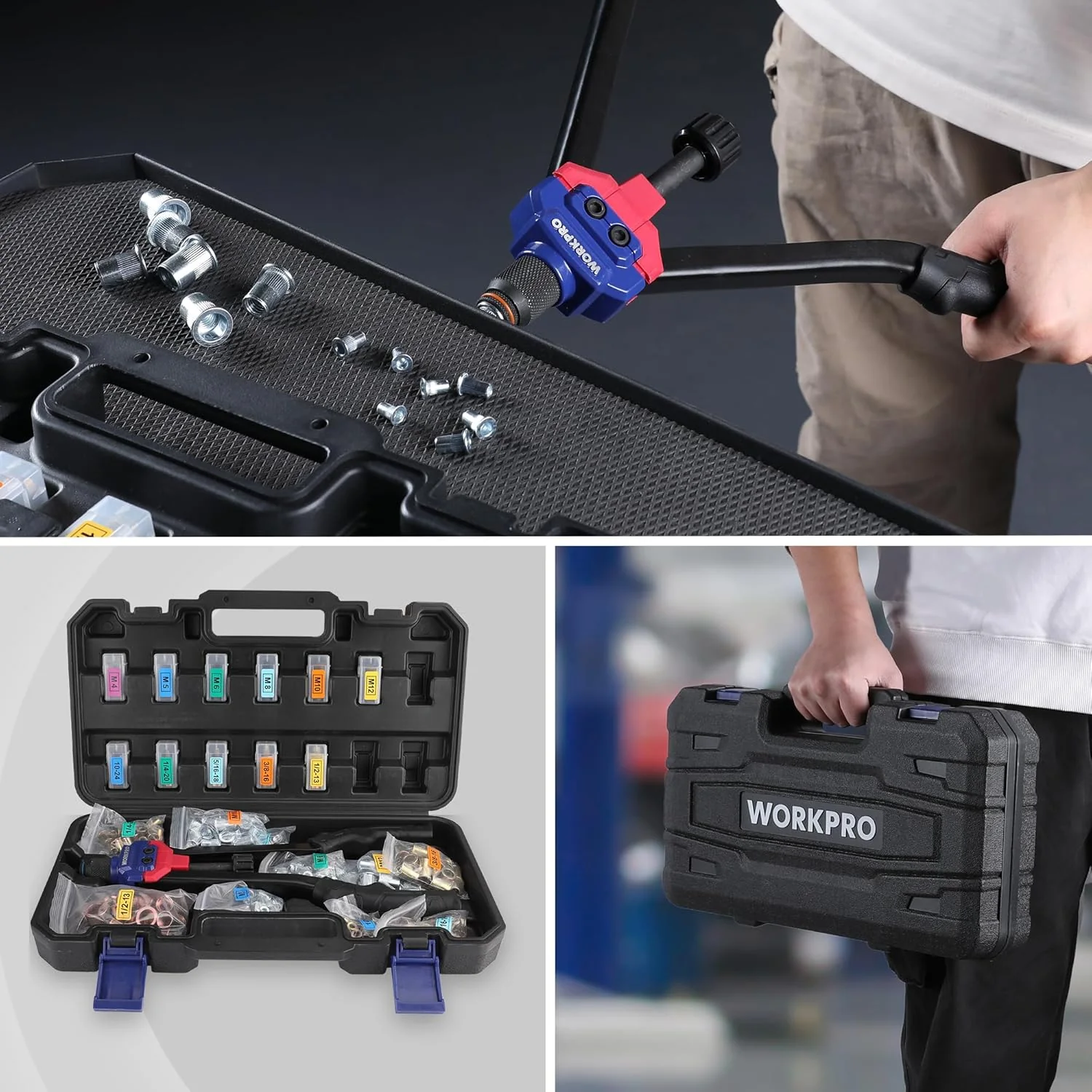WORKPRO 16" Rivet Nut Tool Kit with Carrying Case | 11 Metric and SAE Mandrels, 185pcs Rivnuts Assortment Kit, Ideal for Sheet Metal & Automotive Work - Image 7