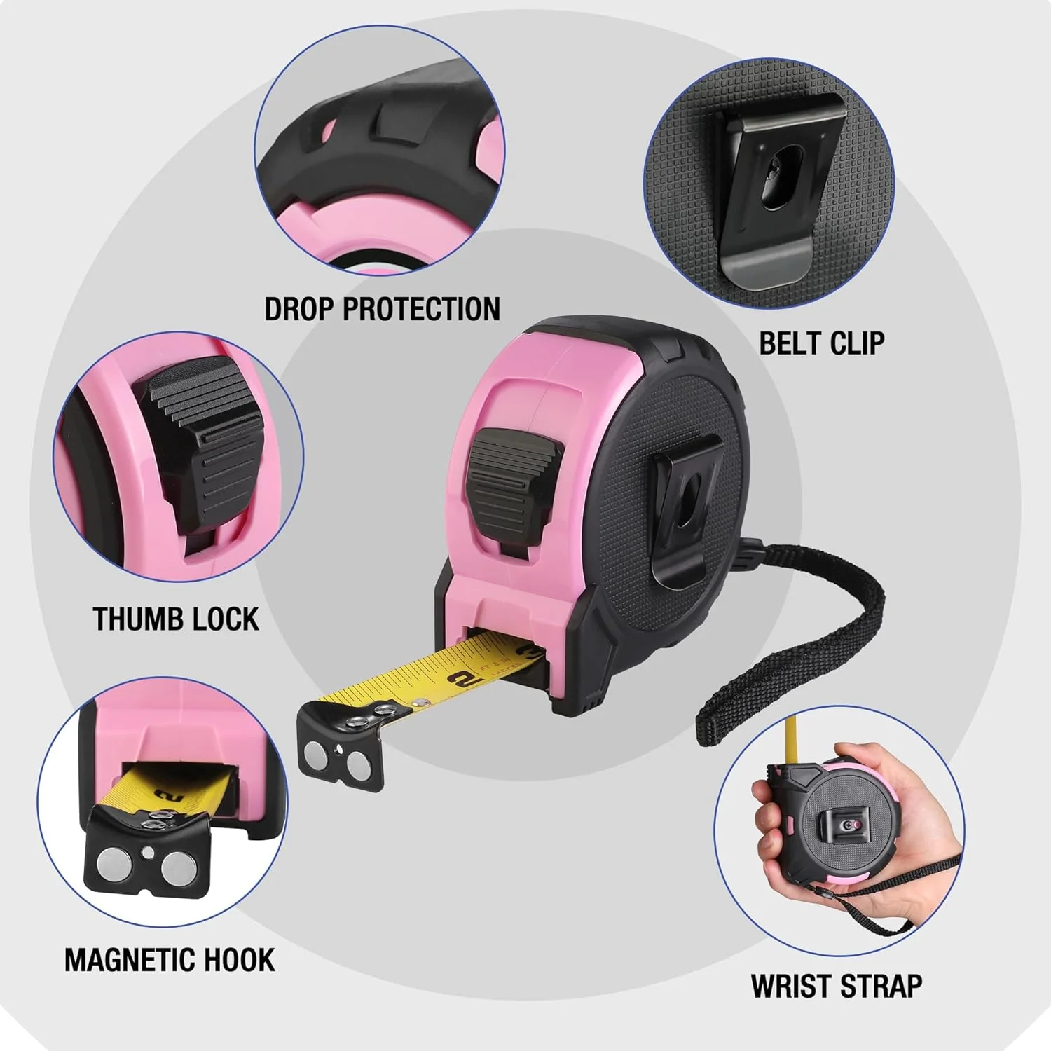 WORKPRO 16FT Pink Tape Measure, 1/8 Fractions Easy Read Measuring Tape, Retractable Nylon Coating Measurement Tape Accuracy 1/32, Magnetic Hook, Belt Clip, Rubber Protective Casing - Image 2