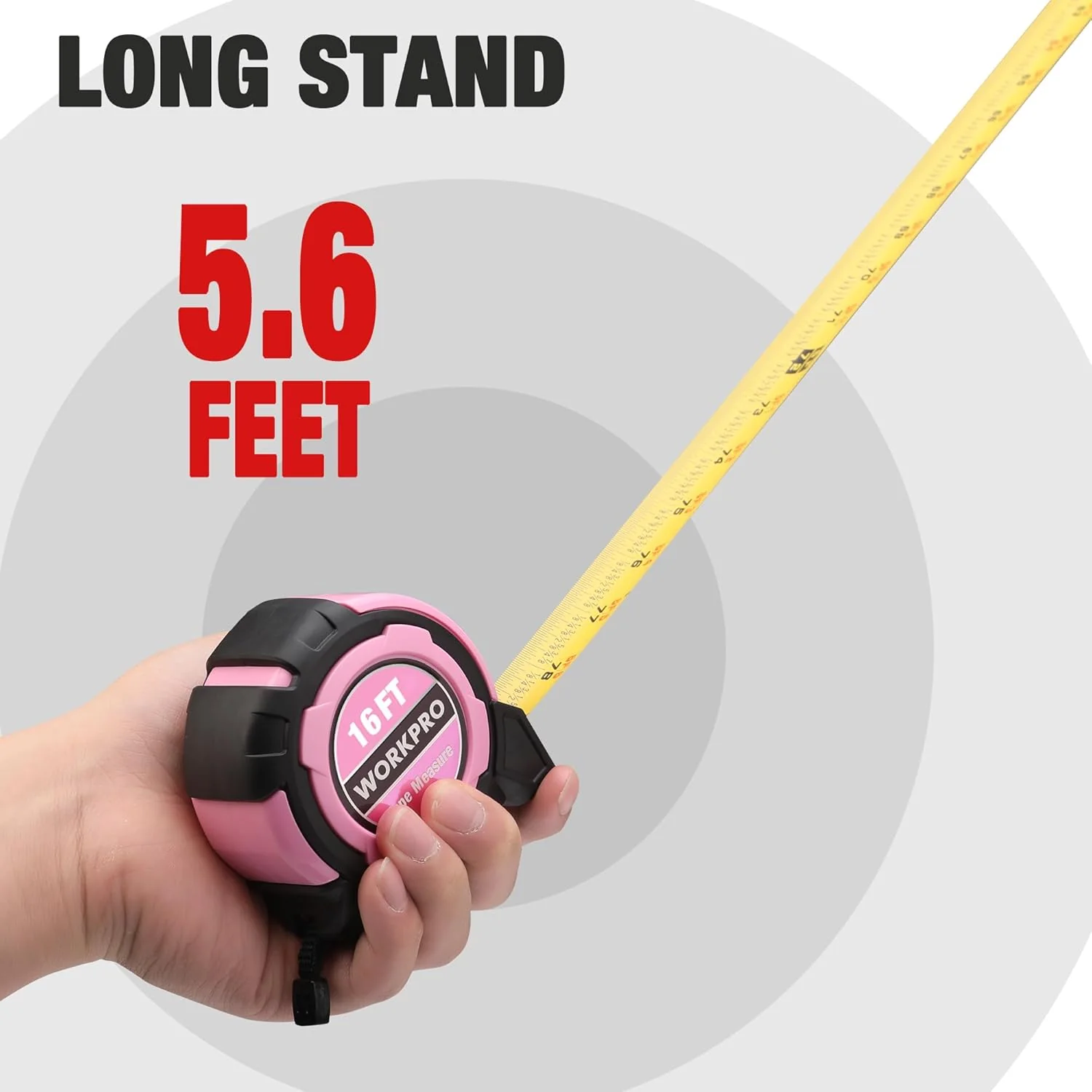 WORKPRO 16FT Pink Tape Measure, 1/8 Fractions Easy Read Measuring Tape, Retractable Nylon Coating Measurement Tape Accuracy 1/32, Magnetic Hook, Belt Clip, Rubber Protective Casing - Image 5