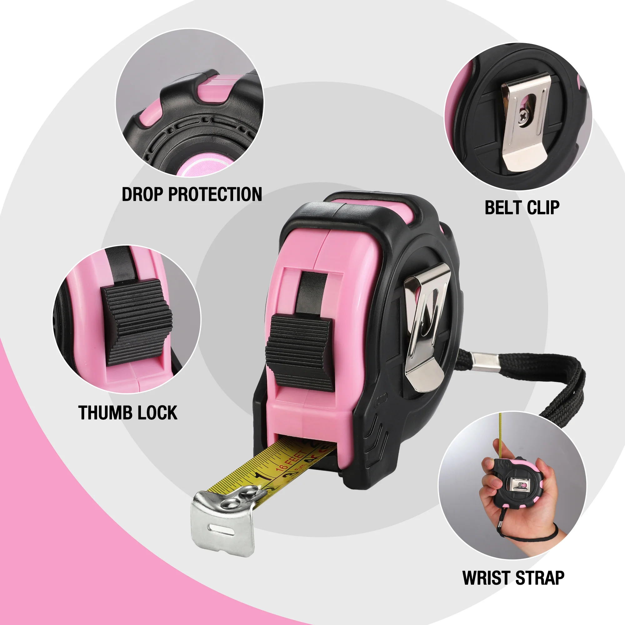 WORKPRO 16FT Pink Tape Measure with Thumb Lock and Belt Clip, Inch/Metric, Accuracy 1/32, 1mm - Image 2