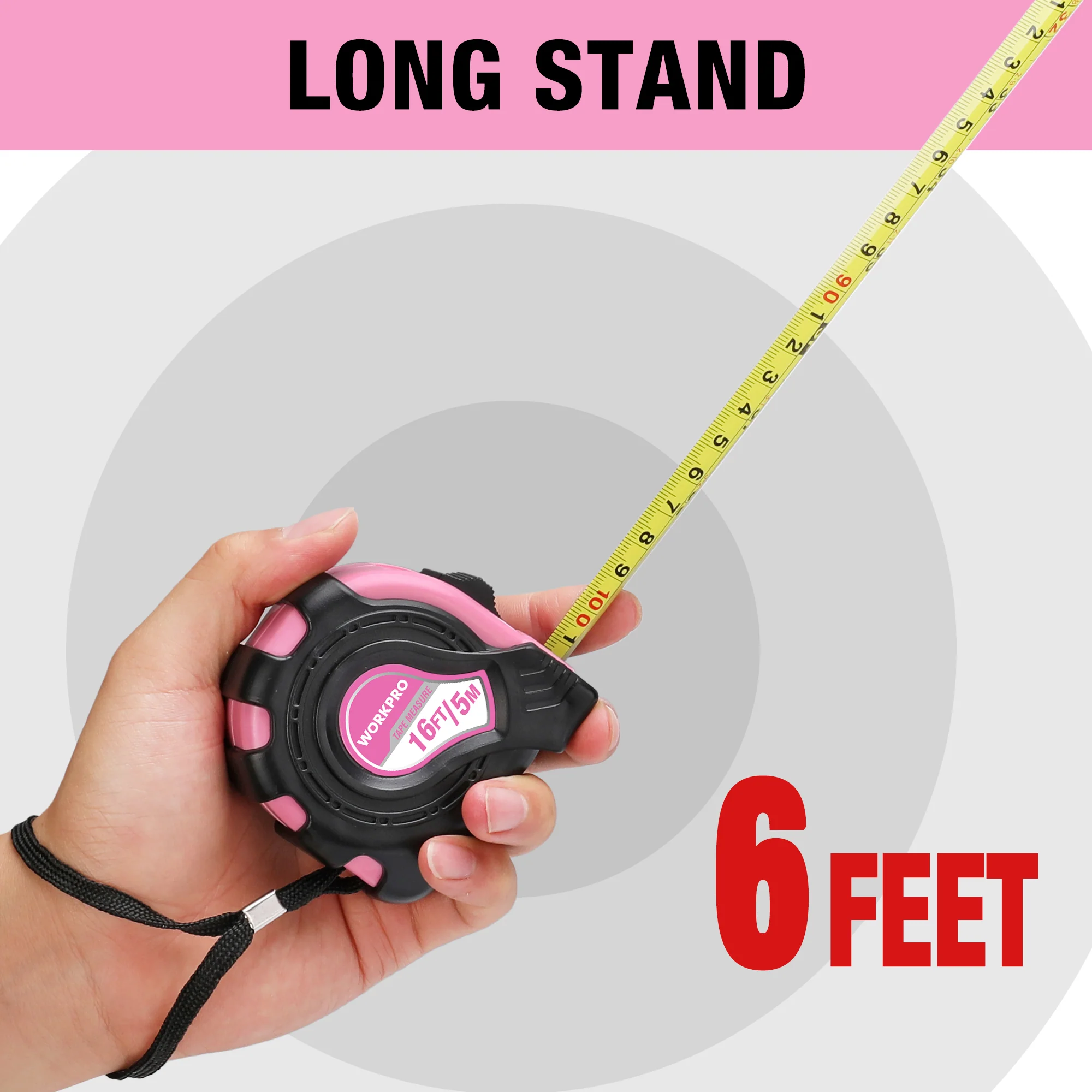 WORKPRO 16FT Pink Tape Measure with Thumb Lock and Belt Clip, Inch/Metric, Accuracy 1/32, 1mm - Image 4