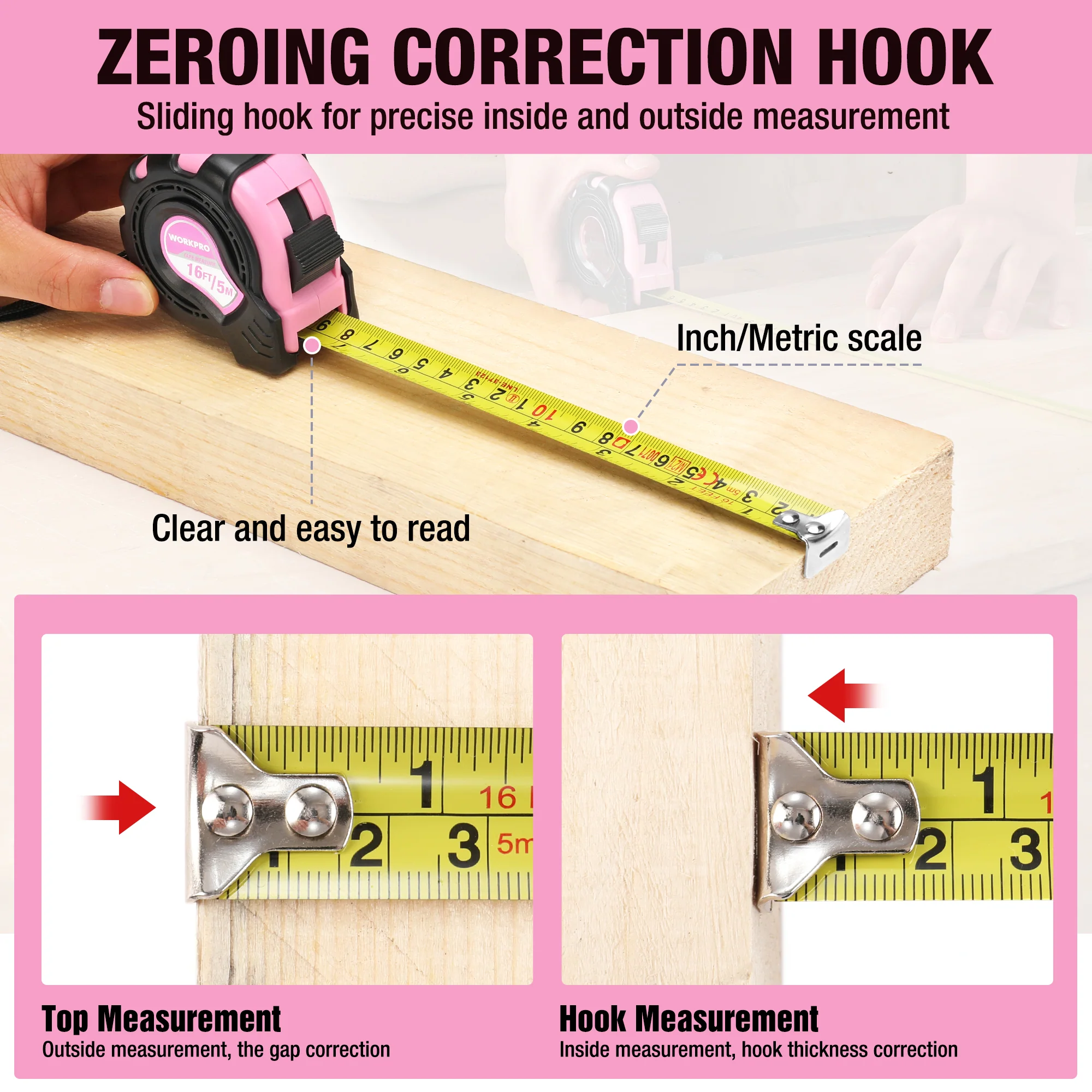 WORKPRO 16FT Pink Tape Measure with Thumb Lock and Belt Clip, Inch/Metric, Accuracy 1/32, 1mm - Image 5