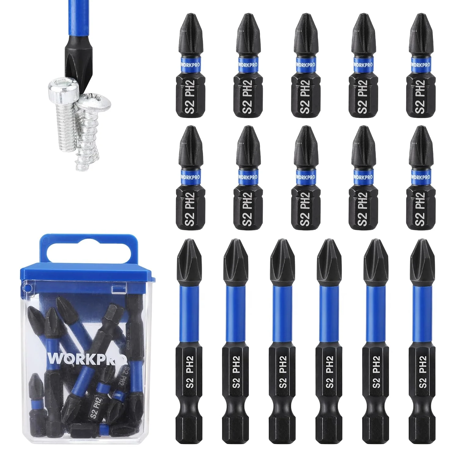 WORKPRO 16pcs PH2 Impact Phillips Screwdriver Bit Set, CNC Machined S2 Steel Tips with Magnetism, 1/4" Hex-Shank Driver Bits, 1"& 2" Long Impact Screwdriving Bits with Storage Box