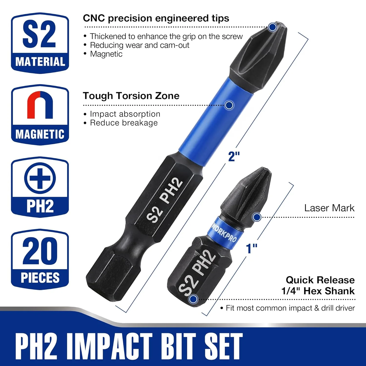 WORKPRO 16pcs PH2 Impact Phillips Screwdriver Bit Set, CNC Machined S2 Steel Tips with Magnetism, 1/4" Hex-Shank Driver Bits, 1"& 2" Long Impact Screwdriving Bits with Storage Box - Image 2