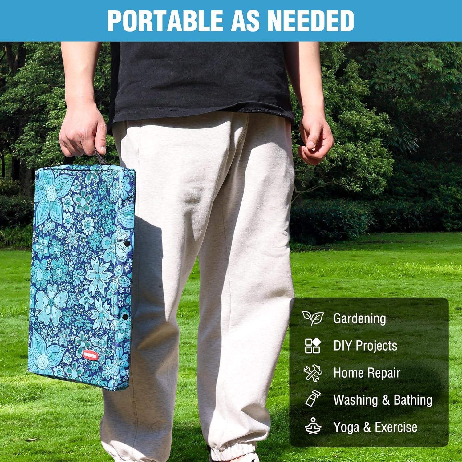 WORKPRO 17" Kneeling Pad with Removable Cover, Blue Floral Printing | Soft NBR Foam Cushioning, Large Size, For Gardening, Daily Chores, Workout Supplies - Image 9