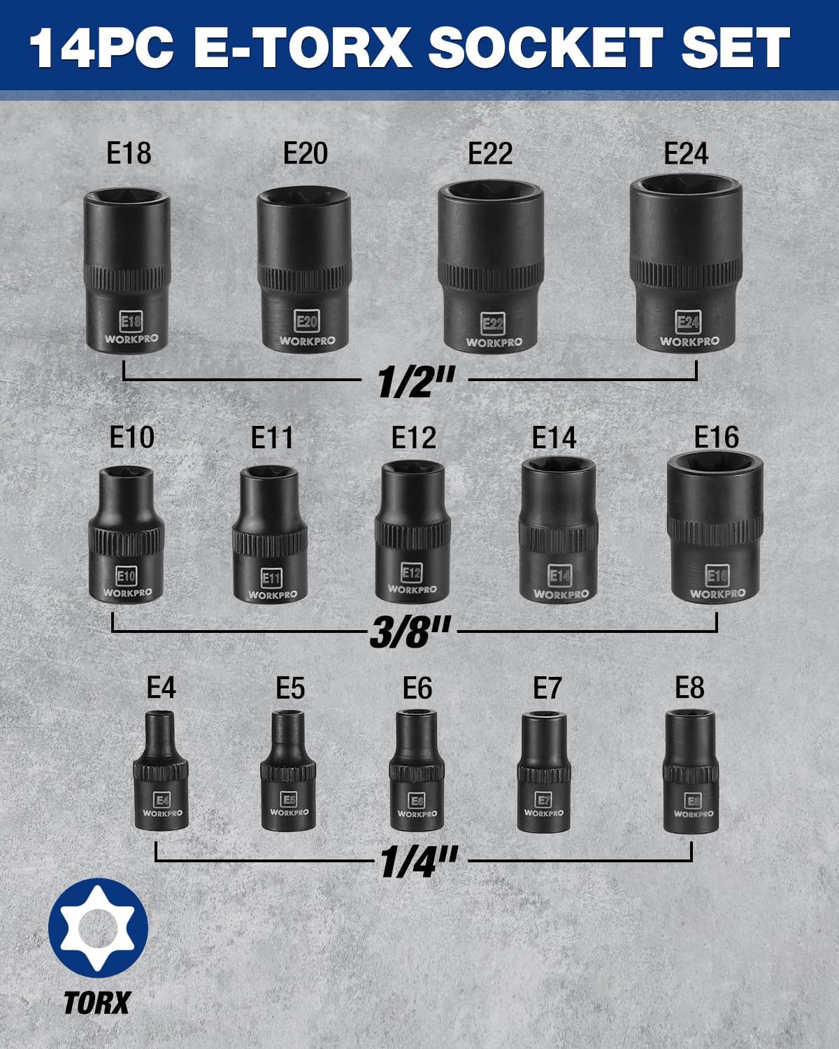 WORKPRO 17 PCS Female E-Torx Socket Set, E4-E24, CR-V Steel | 1/4",3/8",1/2" Drive, Inverted Torx, Storage Case, for Auto & Engine Repair - Image 2