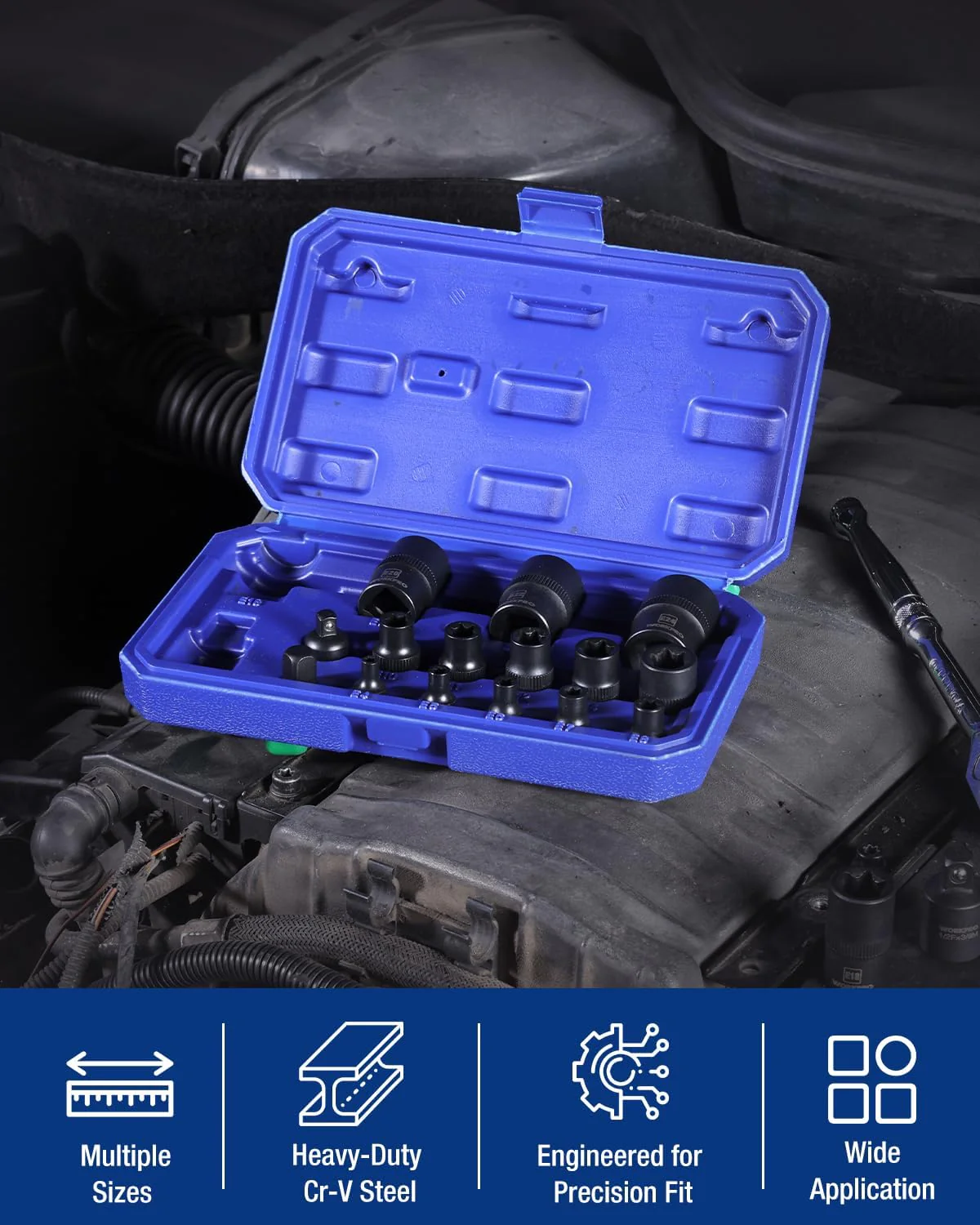 WORKPRO 17 PCS Female E-Torx Socket Set, E4-E24, CR-V Steel | 1/4",3/8",1/2" Drive, Inverted Torx, Storage Case, for Auto & Engine Repair - Image 6