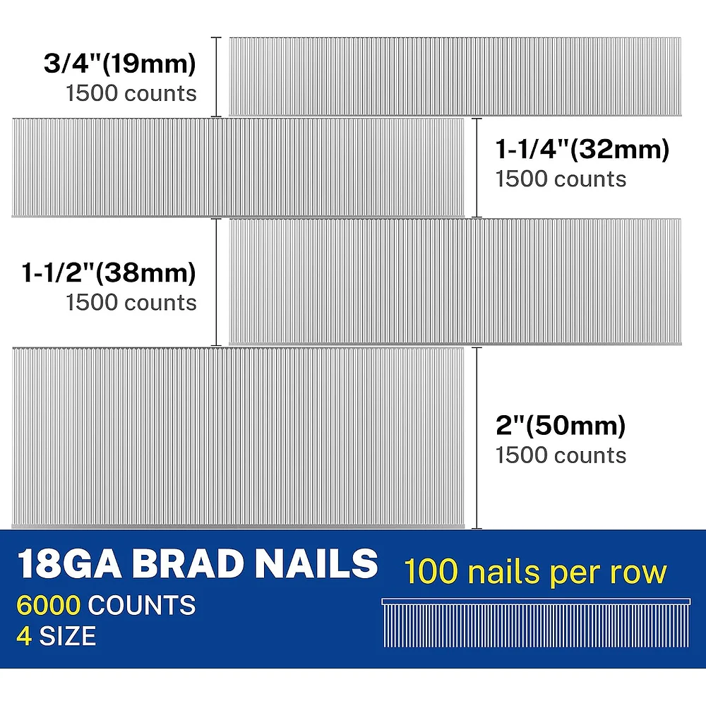 WORKPRO 18 Gauge Brad Nails, 2'',1-1/2'',1-1/4'', 3/4'' 6000 Count Universal Brad Nails for Pneumatic, Electric Brad Nailer - Image 2