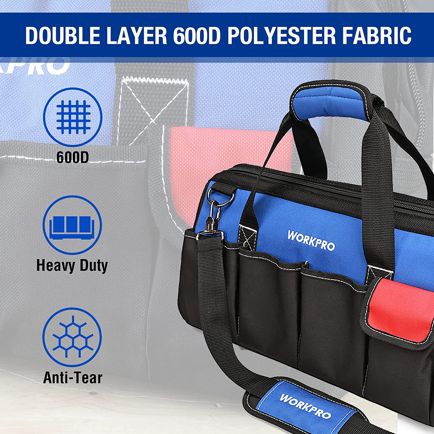 WORKPRO 18-inch Close Top Wide Mouth Storage Tool Bag with Adjustable Shoulder Strap - Image 4
