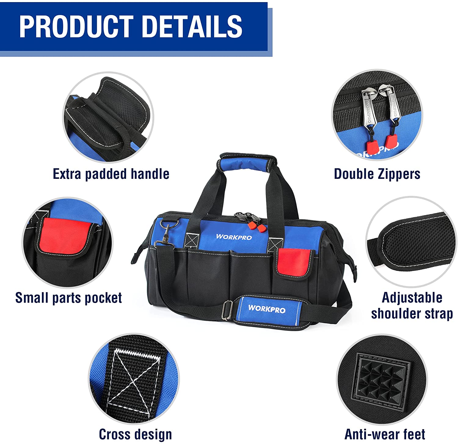WORKPRO 18-inch Close Top Wide Mouth Storage Tool Bag with Adjustable Shoulder Strap - Image 5