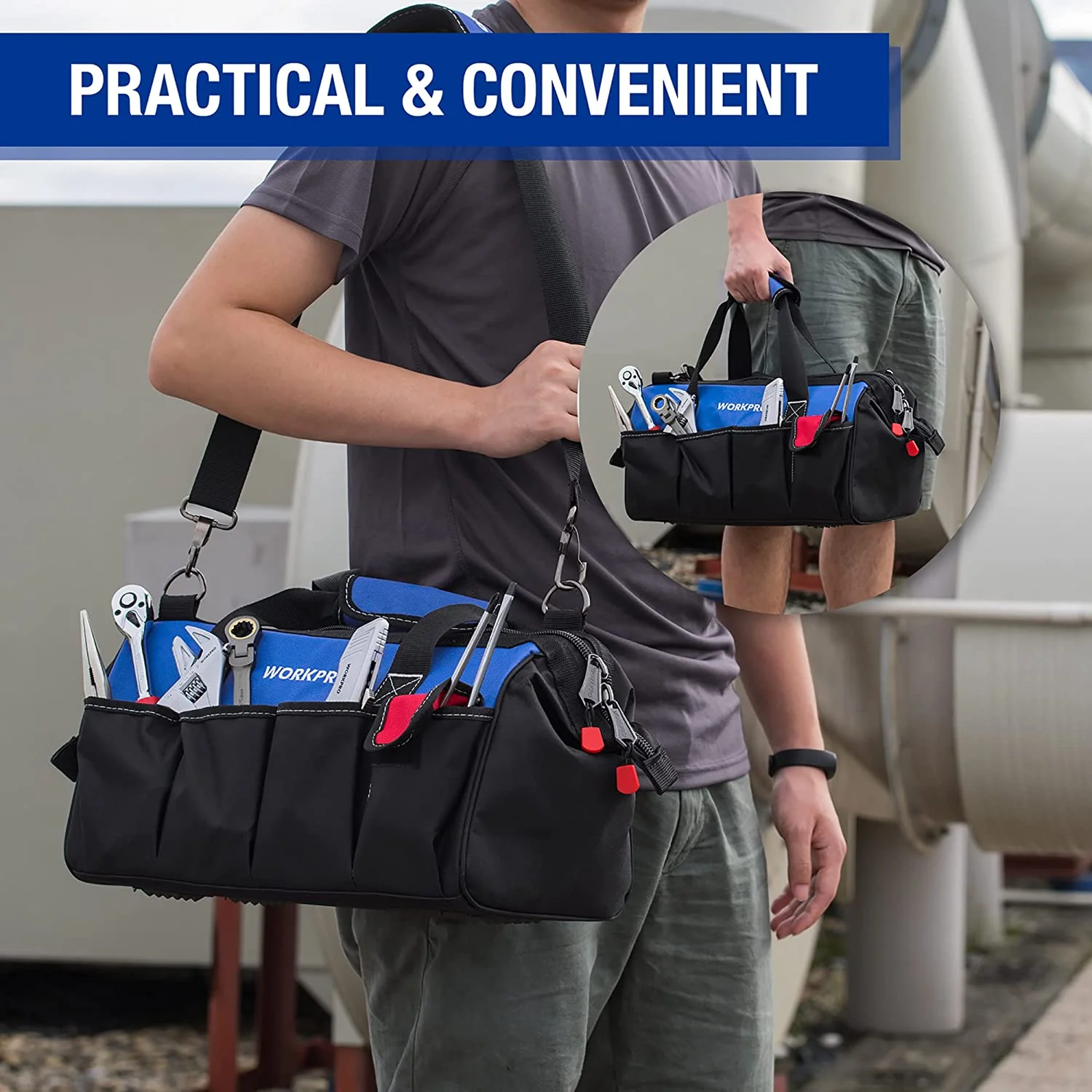 WORKPRO 18-inch Close Top Wide Mouth Storage Tool Bag with Adjustable Shoulder Strap - Image 8