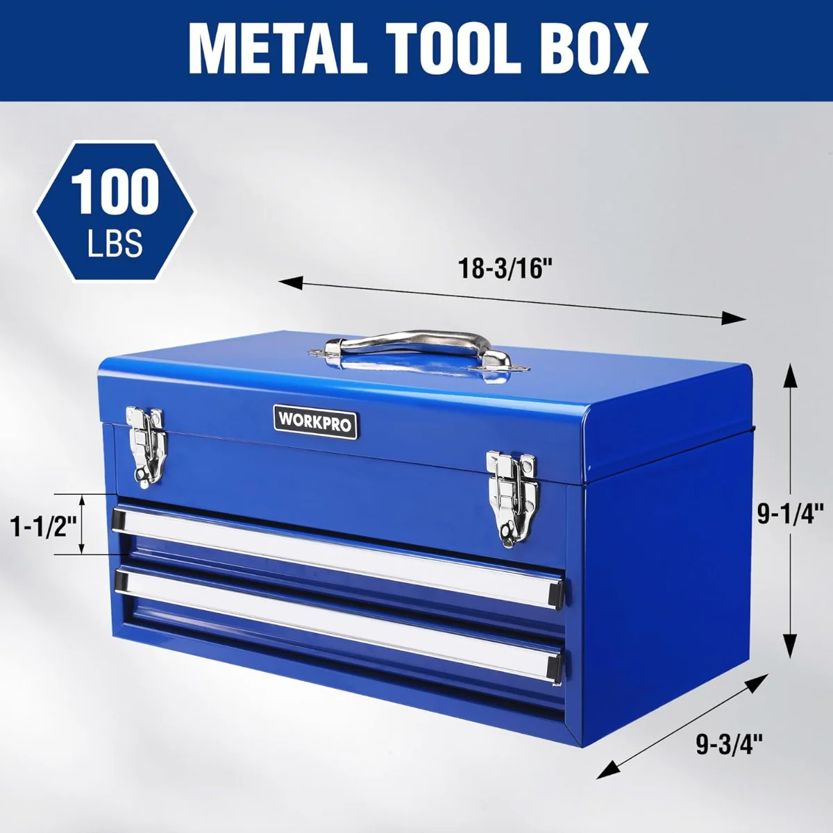 WORKPRO 18 Inch Portable Metal Tool Box with 2 Drawers and 1 Top Storage, Metal Latch and Liner, 100 LBS Load Capacity (Totally) - Image 2