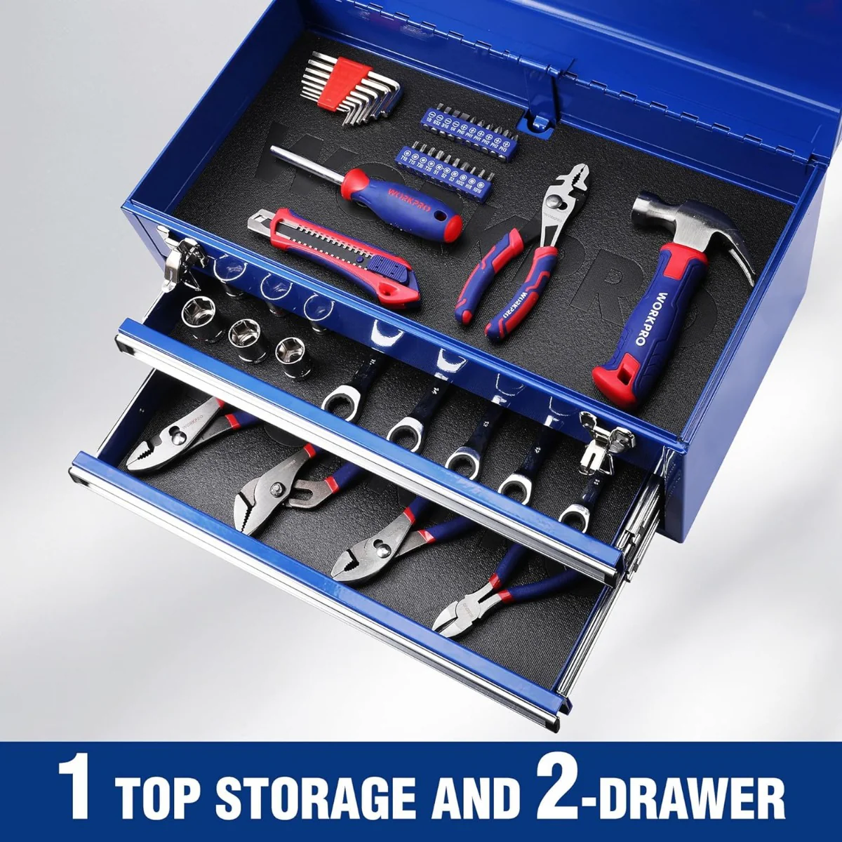 WORKPRO 18 Inch Portable Metal Tool Box with 2 Drawers and 1 Top Storage, Metal Latch and Liner, 100 LBS Load Capacity (Totally) - Image 3
