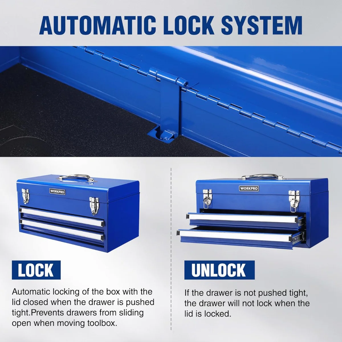 WORKPRO 18 Inch Portable Metal Tool Box with 2 Drawers and 1 Top Storage, Metal Latch and Liner, 100 LBS Load Capacity (Totally) - Image 6