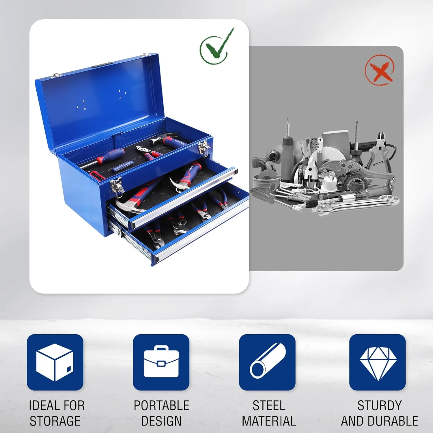 WORKPRO 18 Inch Portable Metal Tool Box with 2 Drawers and 1 Top Storage, Metal Latch and Liner, 100 LBS Load Capacity (Totally) - Image 7