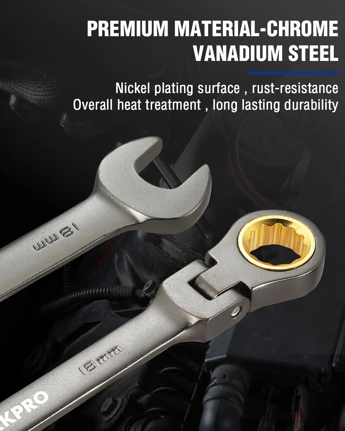 WORKPRO 18 mm Flex-Head Ratcheting Combination Wrench, Cr-V Constructed, Nickel Plating, 72-Teeth, 12 Point Design, Metric - Image 3