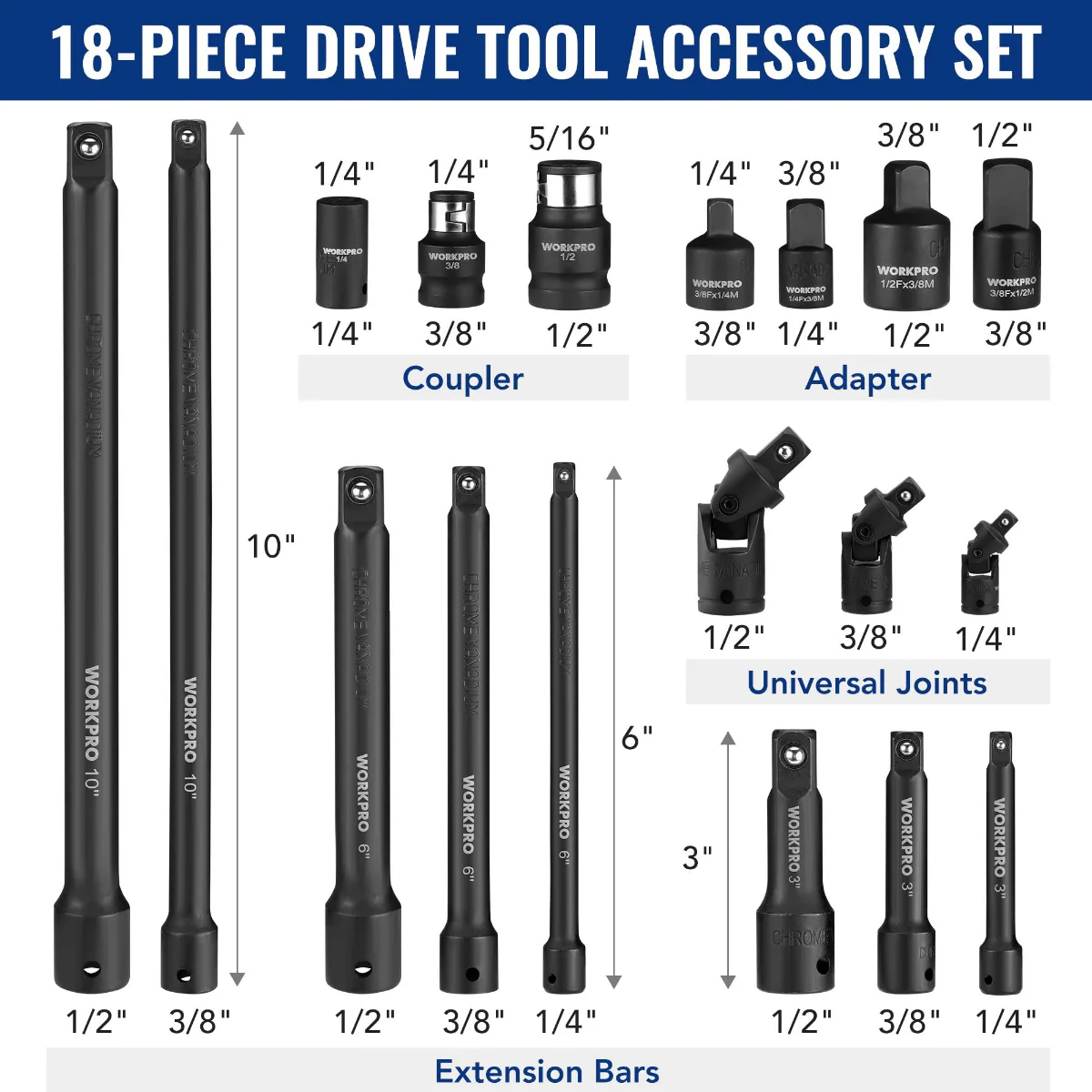 WORKPRO 18 Pcs Drive Tool Accessory Set - Image 2