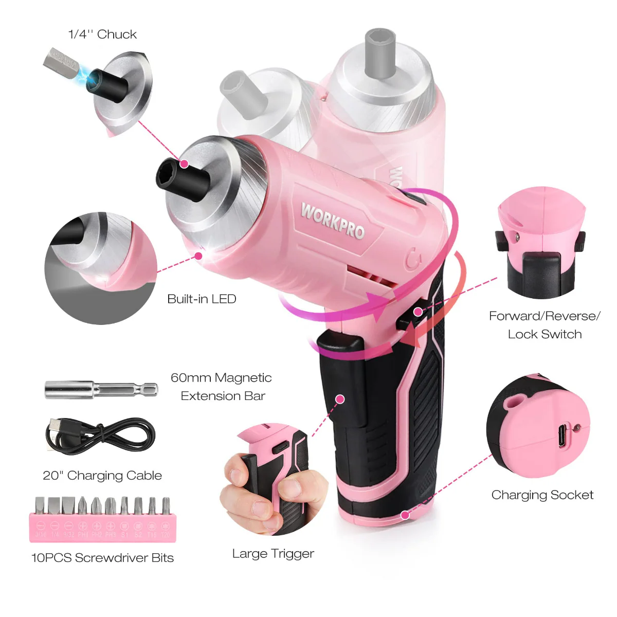 WORKPRO 18 Pcs General Home Tool Kit - Pink Ribbon - Image 3